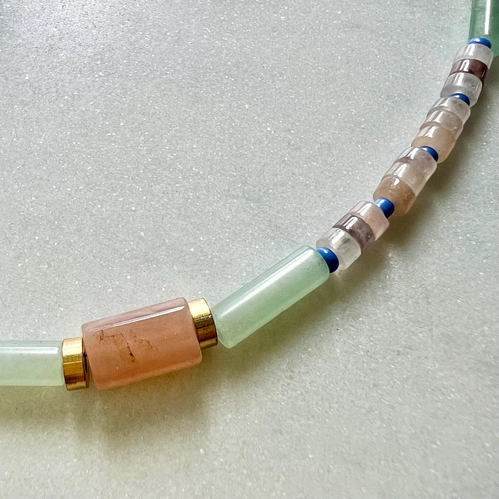 Surfer Necklace with Sunstone and Quartz, Colorful Mixed Gemstone and Seed Bead Necklace