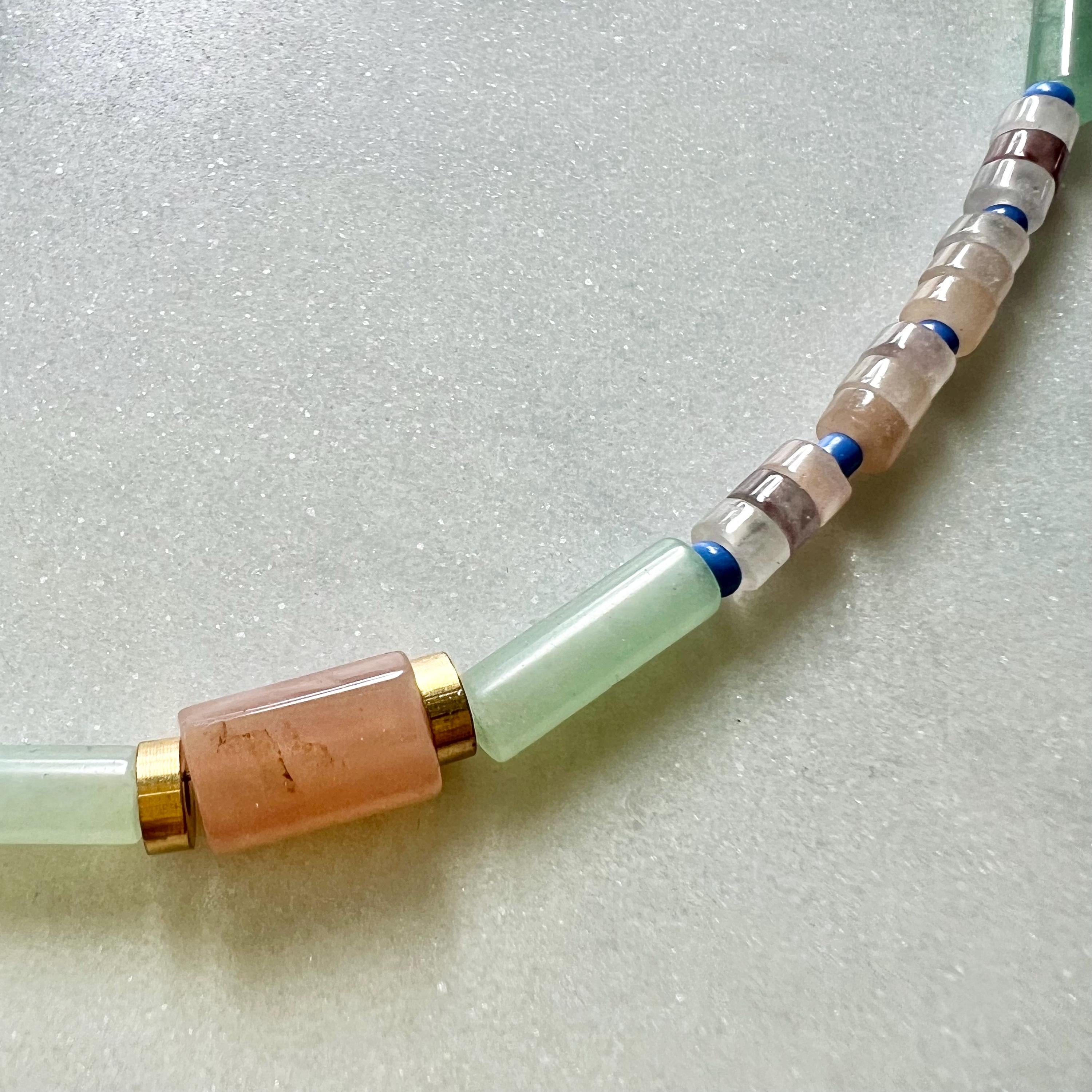 Surfer Necklace with Sunstone and Quartz, Colorful Mixed Gemstone and Seed Bead Necklace