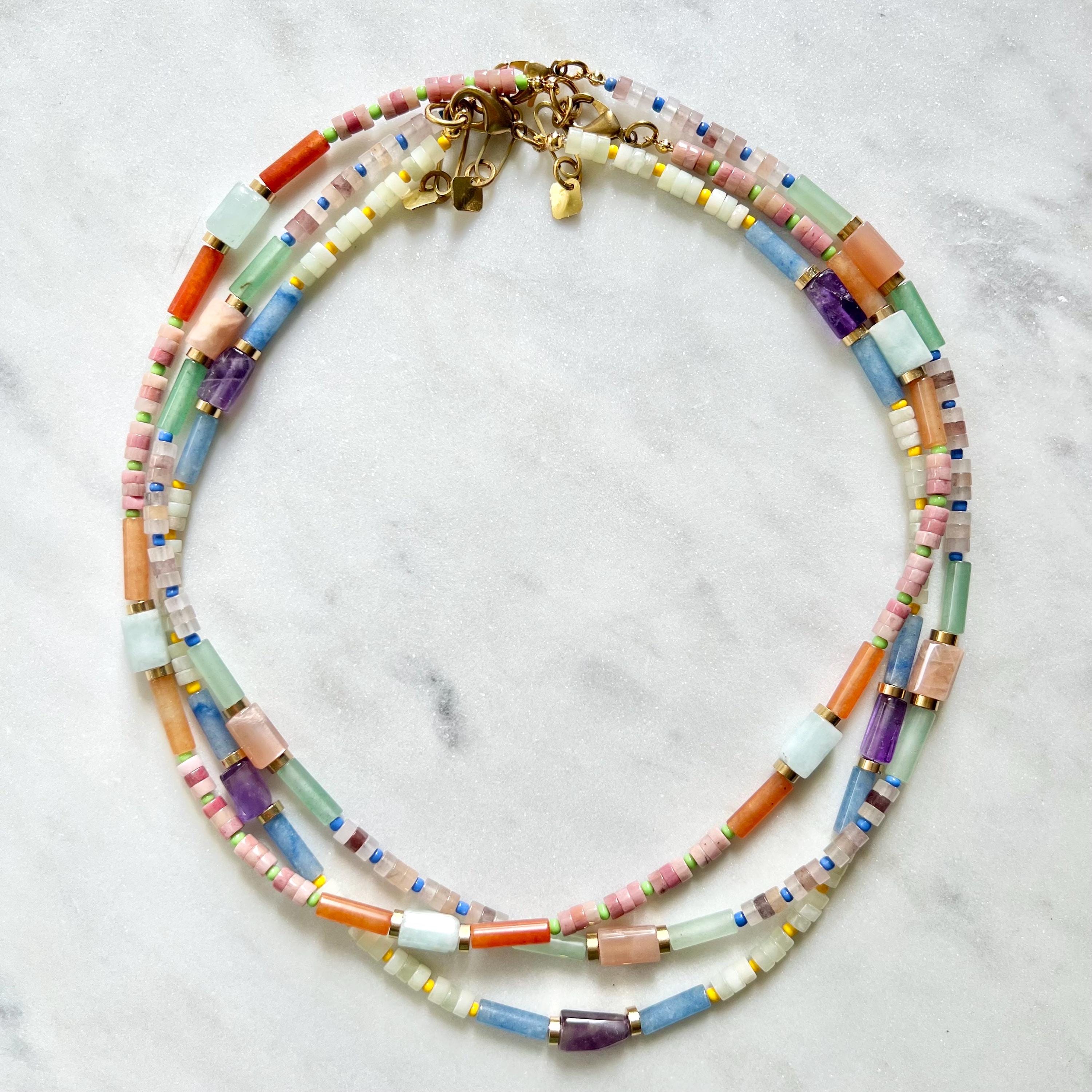 Surfer Necklace with Sunstone and Quartz, Colorful Mixed Gemstone and Seed Bead Necklace