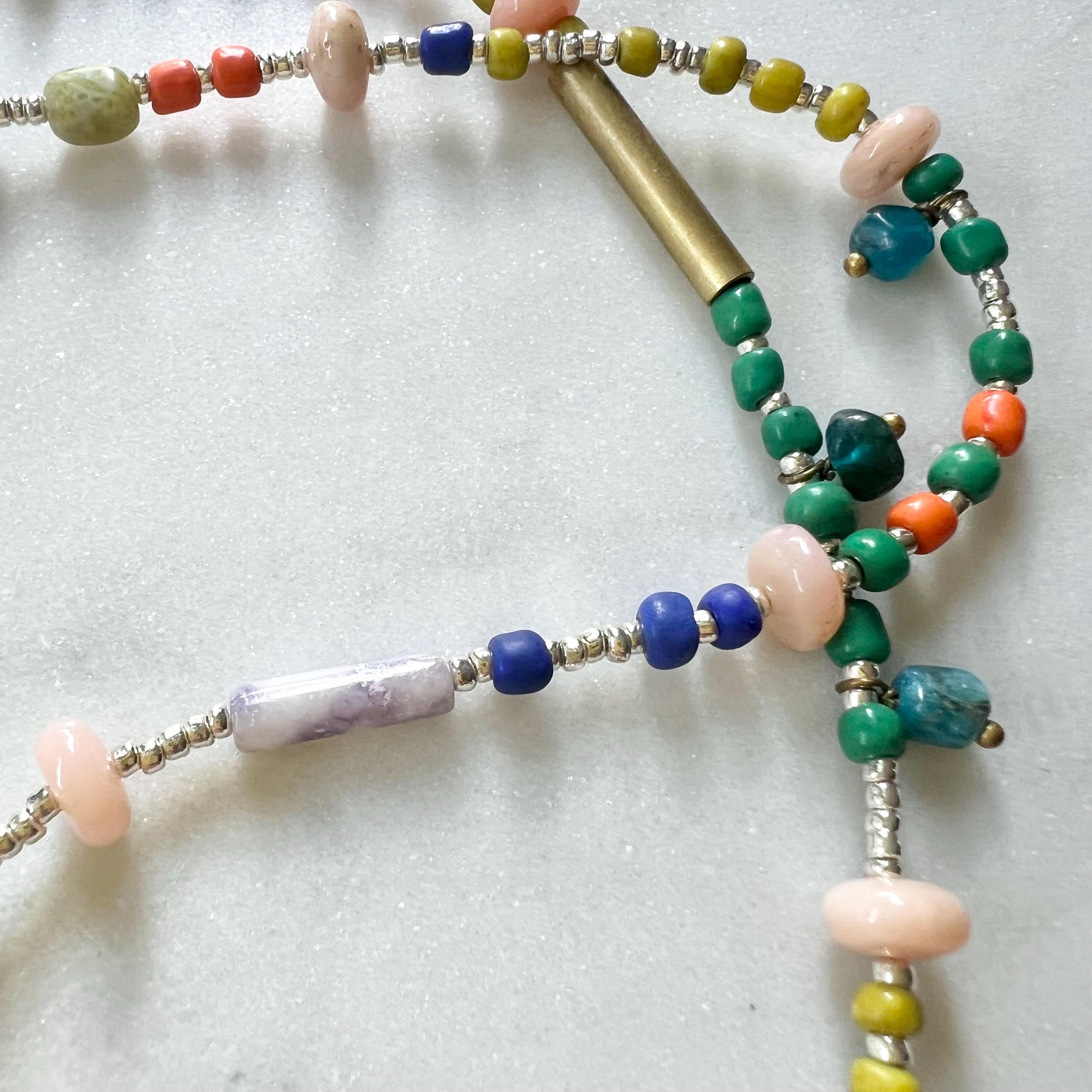 Long Colorful Gemstone and Seed Bead Necklace, Prehnite Pendant on Long Beaded Chain