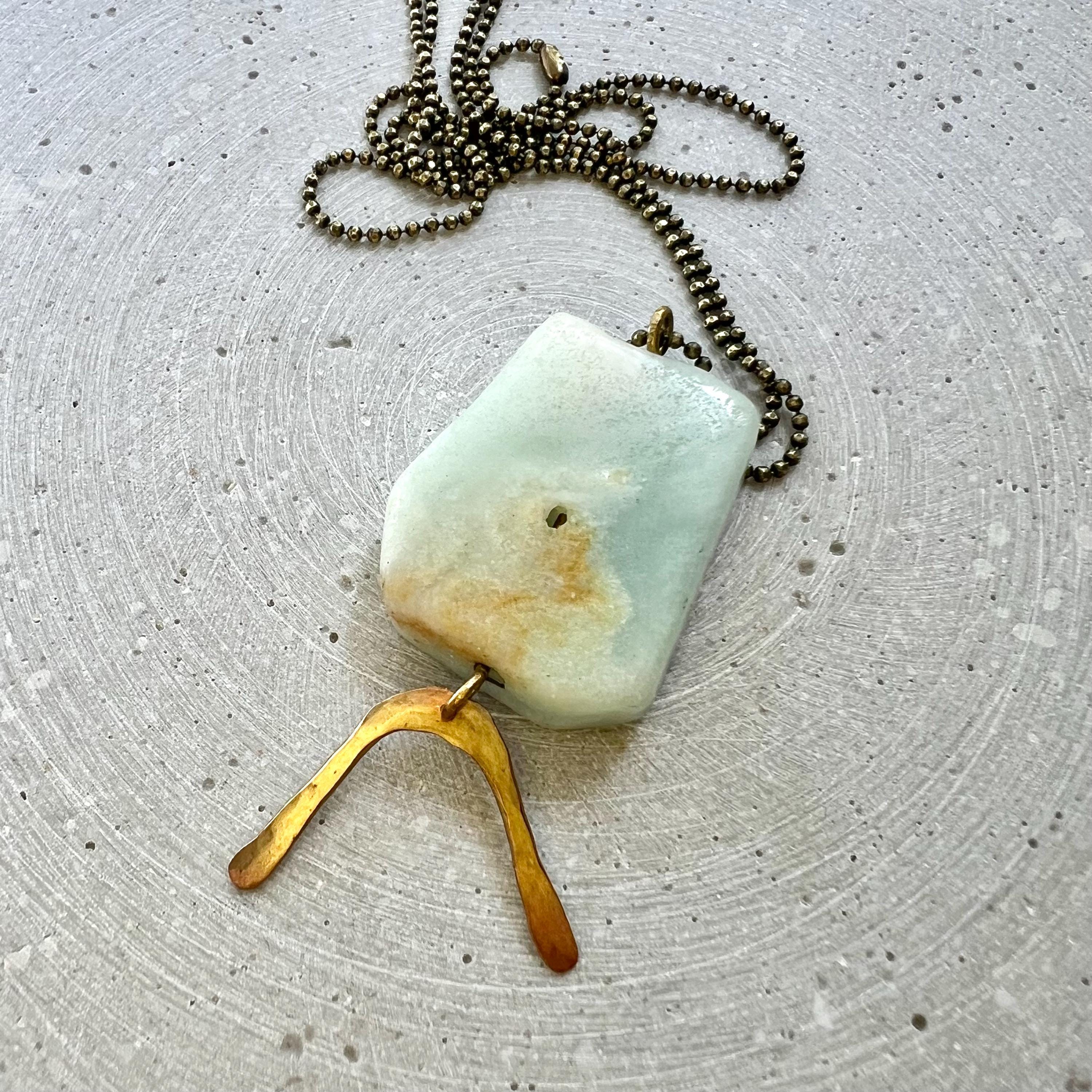 Amazonite Stone Pendant on Long Ball Chain, Gemstone Disc with Hammered Brass Arc, Boho Hippie Jewelry, No Clasp  Necklace