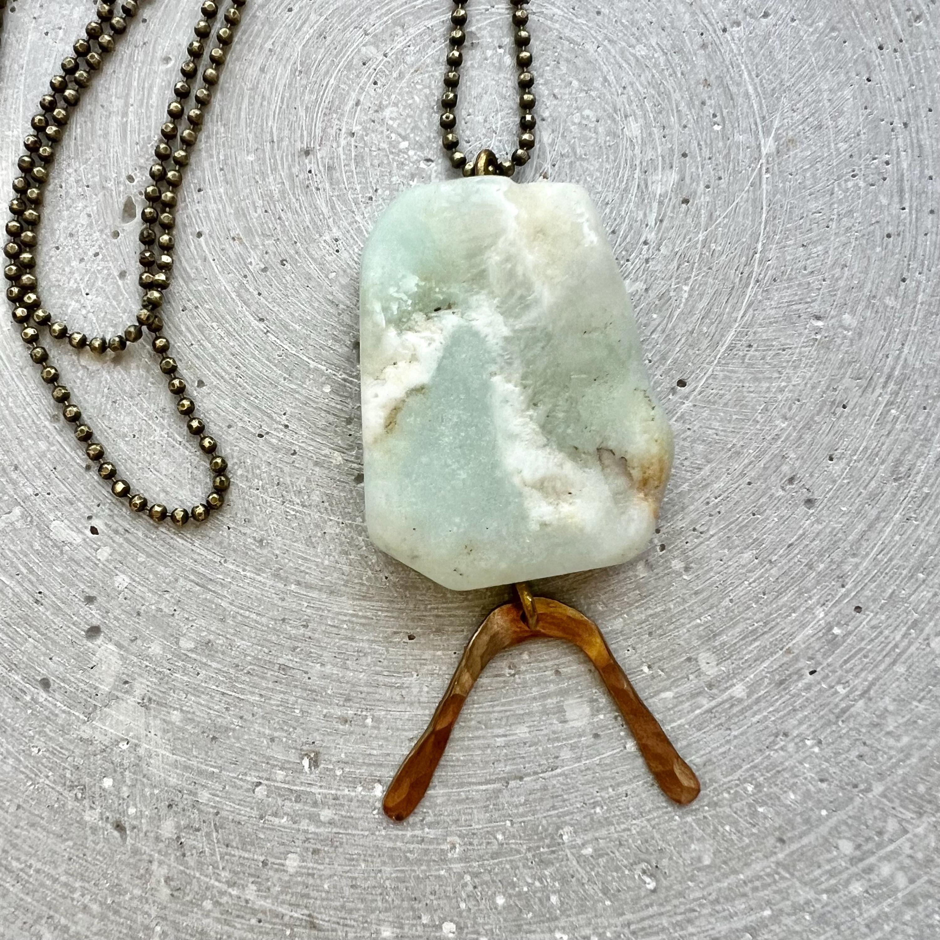 Amazonite Stone Pendant on Long Ball Chain, Gemstone Disc with Hammered Brass Arc, Boho Hippie Jewelry, No Clasp  Necklace