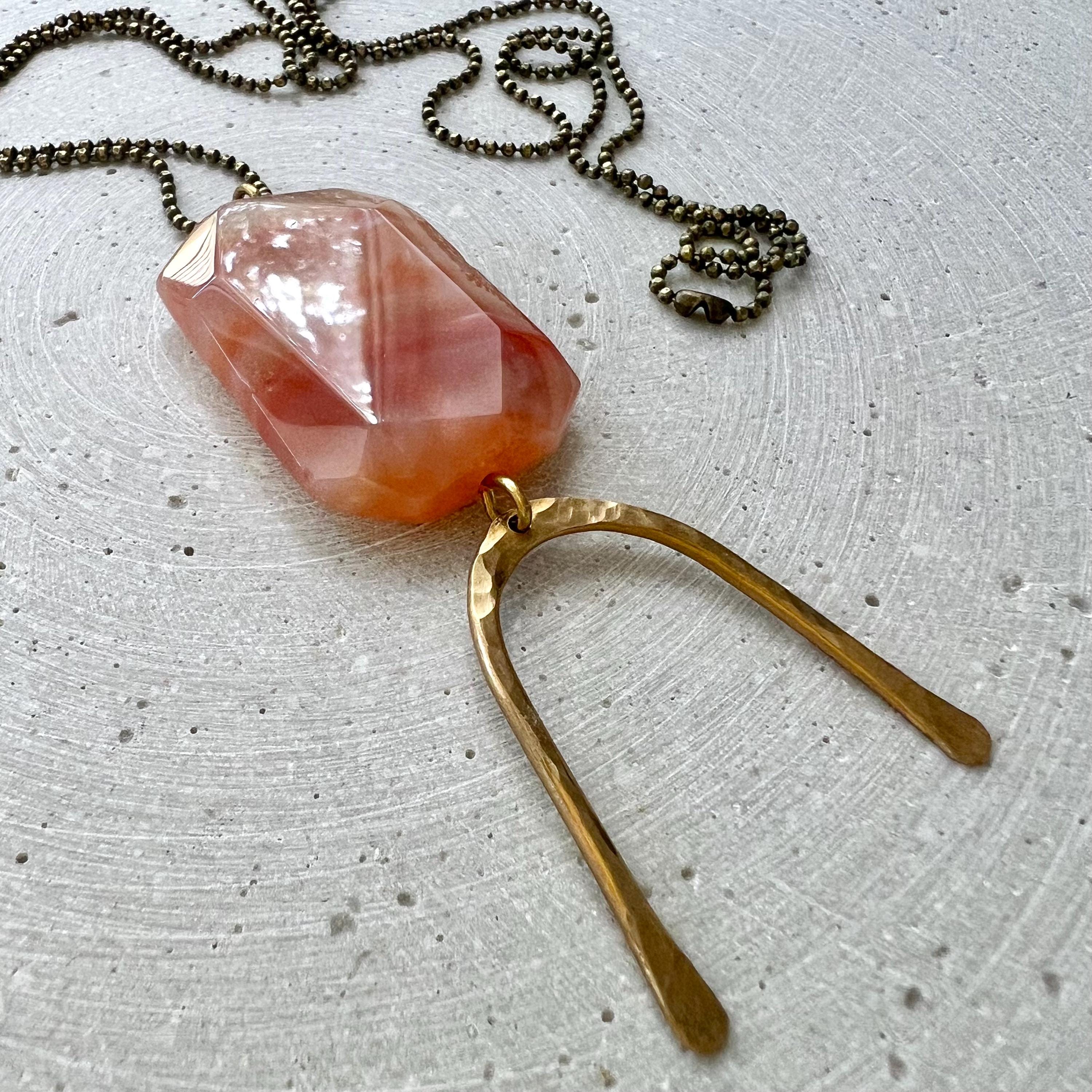 Agate Stone Pendant on Long Ball Chain, Gemstone Disc with Hammered Brass Arc, Boho Hippie Jewelry, No Clasp Necklace