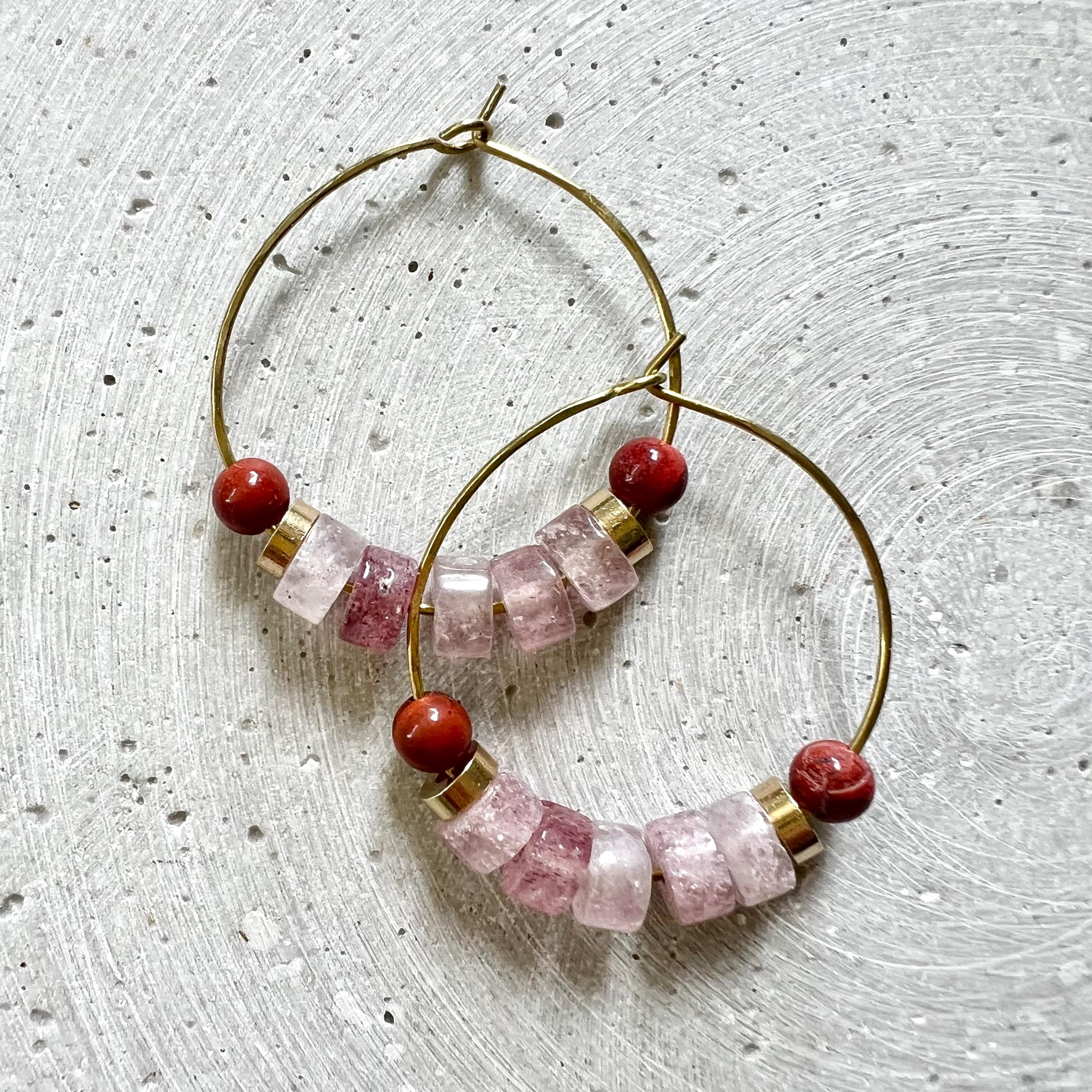 Strawberry Quartz Creoles with Red Jasper, Dainty Hoop Earrings with Gemstone Beads, Handmade Beaded Jewelry