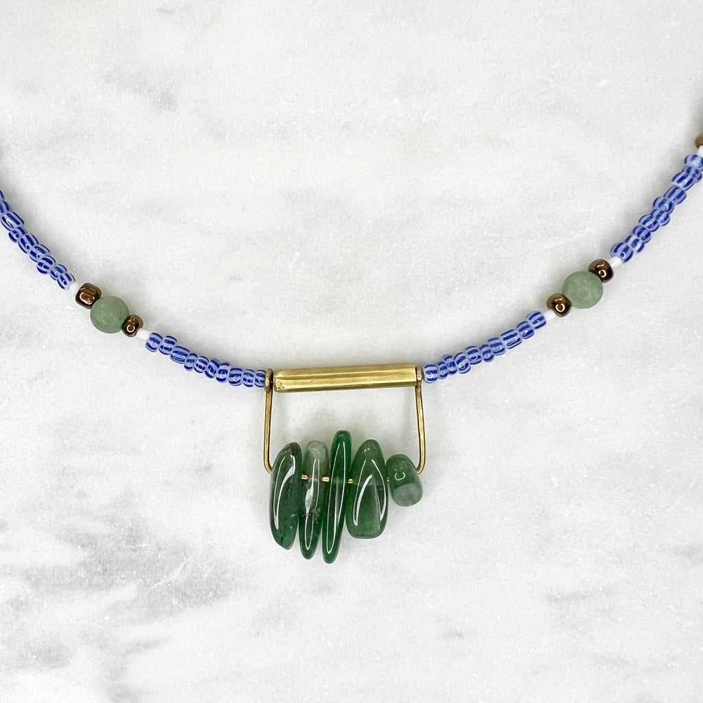 Royal Blue Seed Bead Necklace with Aventurine Pendant, Blue and Green Boho Jewelry, One of a Kind