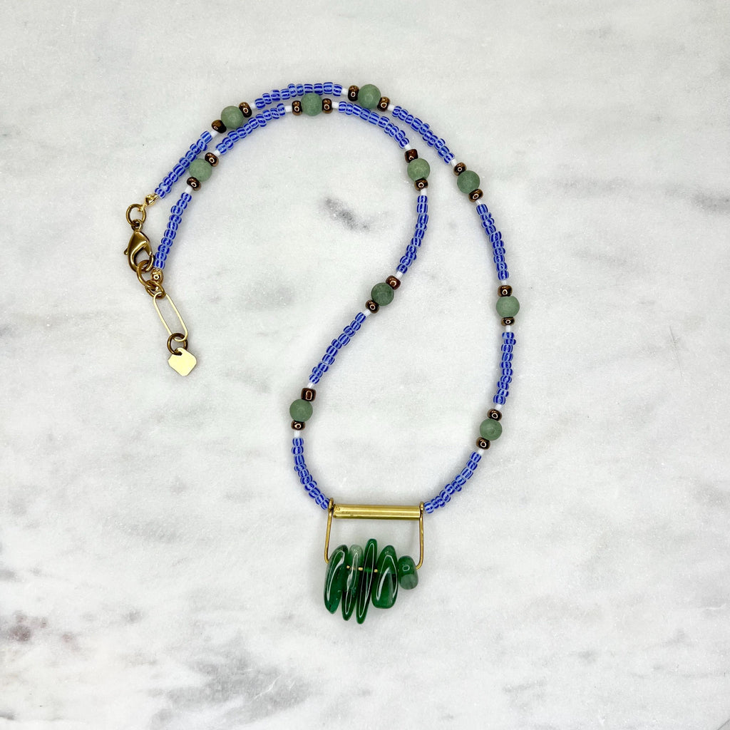 Royal Blue Seed Bead Necklace with Aventurine Pendant, Blue and Green Boho Jewelry, One of a Kind