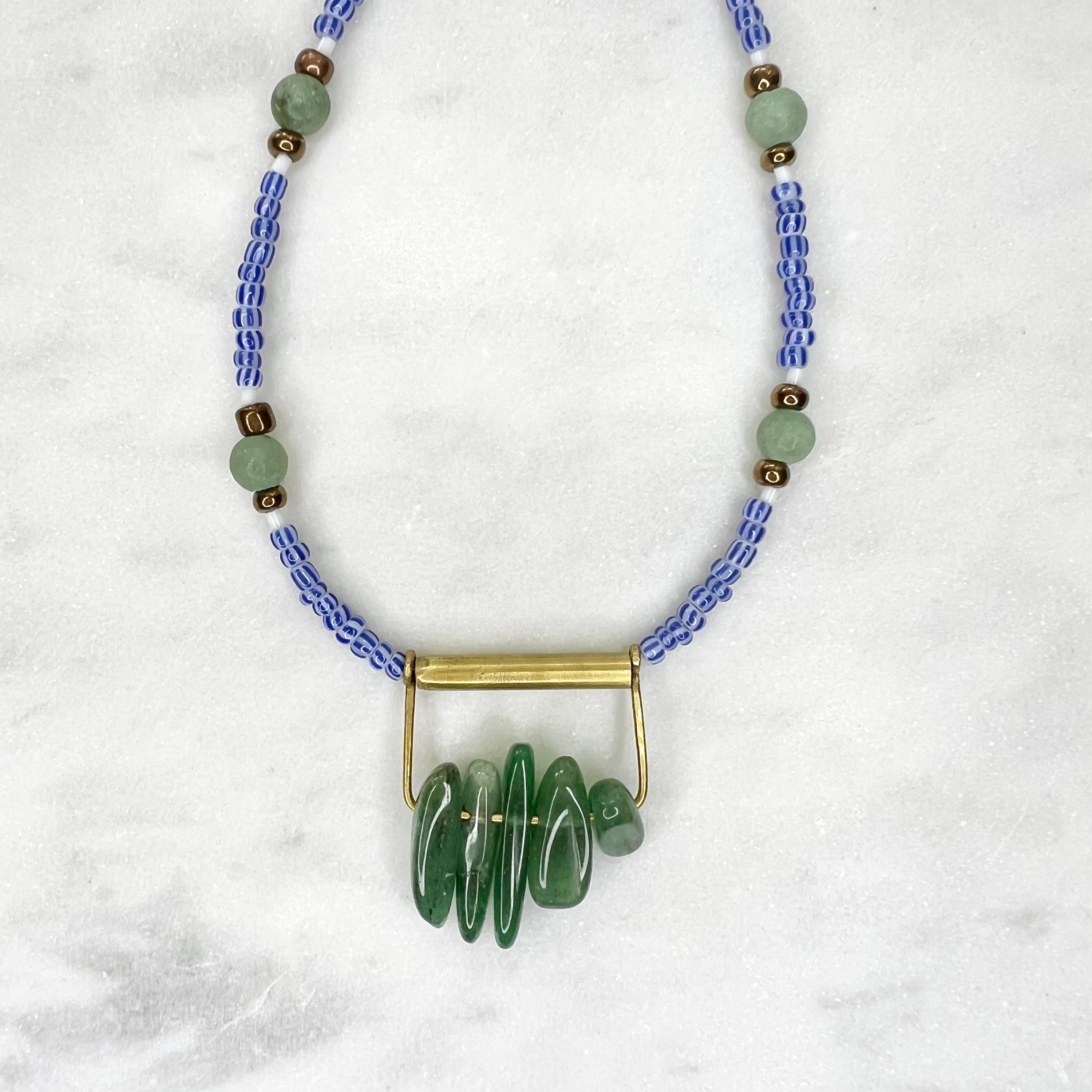 Royal Blue Seed Bead Necklace with Aventurine Pendant, Blue and Green Boho Jewelry, One of a Kind