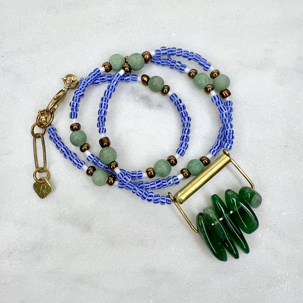 Royal Blue Seed Bead Necklace with Aventurine Pendant, Blue and Green Boho Jewelry, One of a Kind