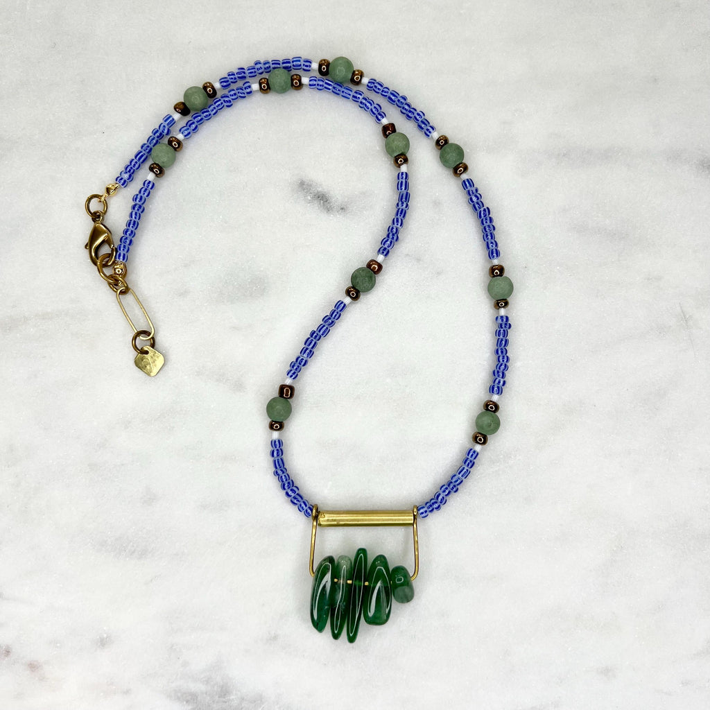 Royal Blue Seed Bead Necklace with Aventurine Pendant, Blue and Green Boho Jewelry, One of a Kind
