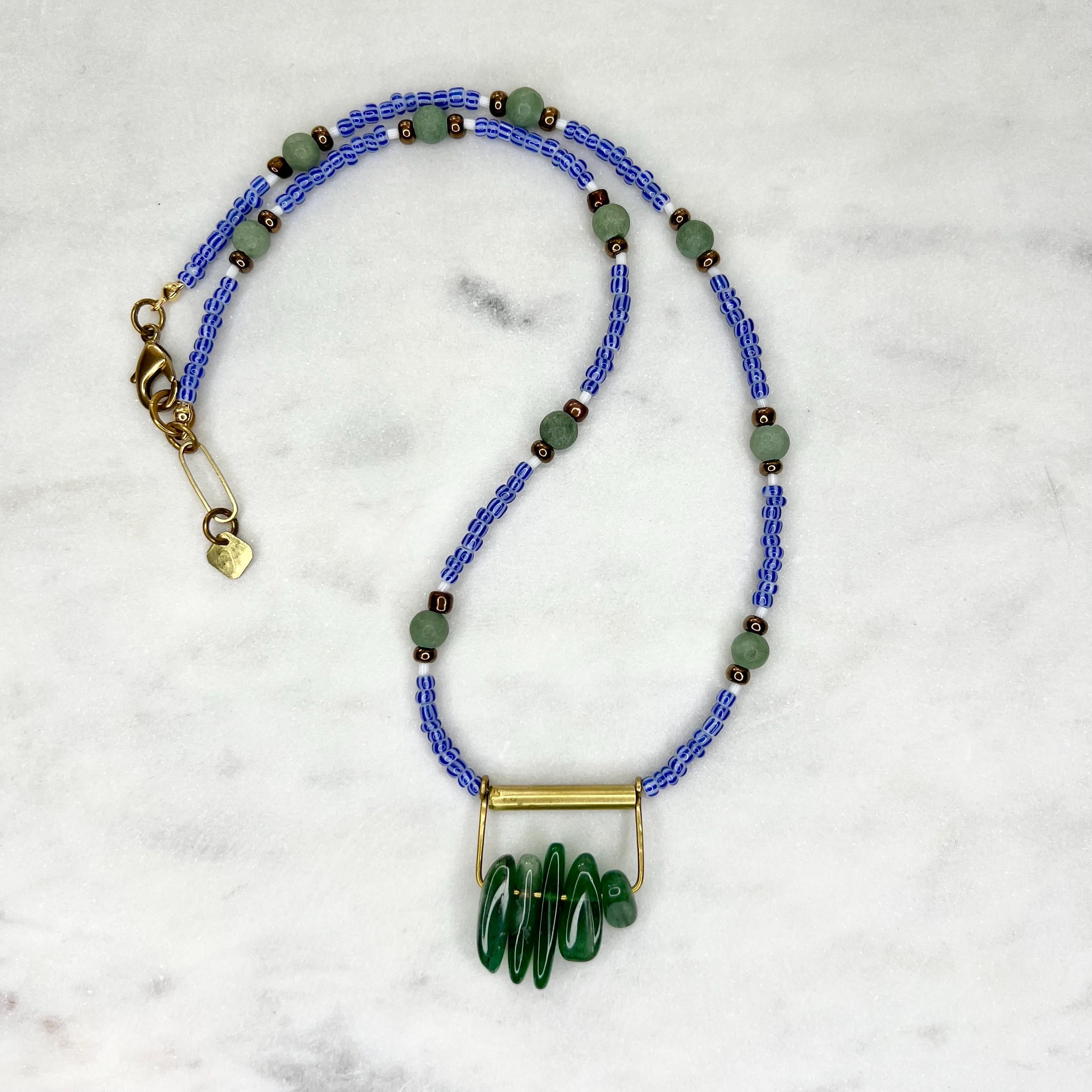 Royal Blue Seed Bead Necklace with Aventurine Pendant, Blue and Green Boho Jewelry, One of a Kind