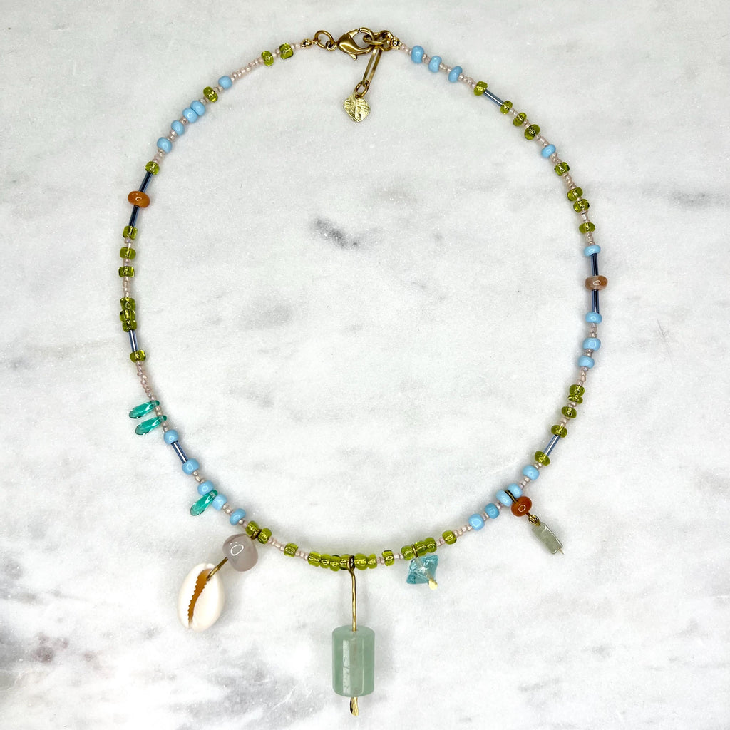 Charm Necklace with Fluorite Pendant, Blue and Green Beaded Boho Bib with Gemstones and Seed Beads