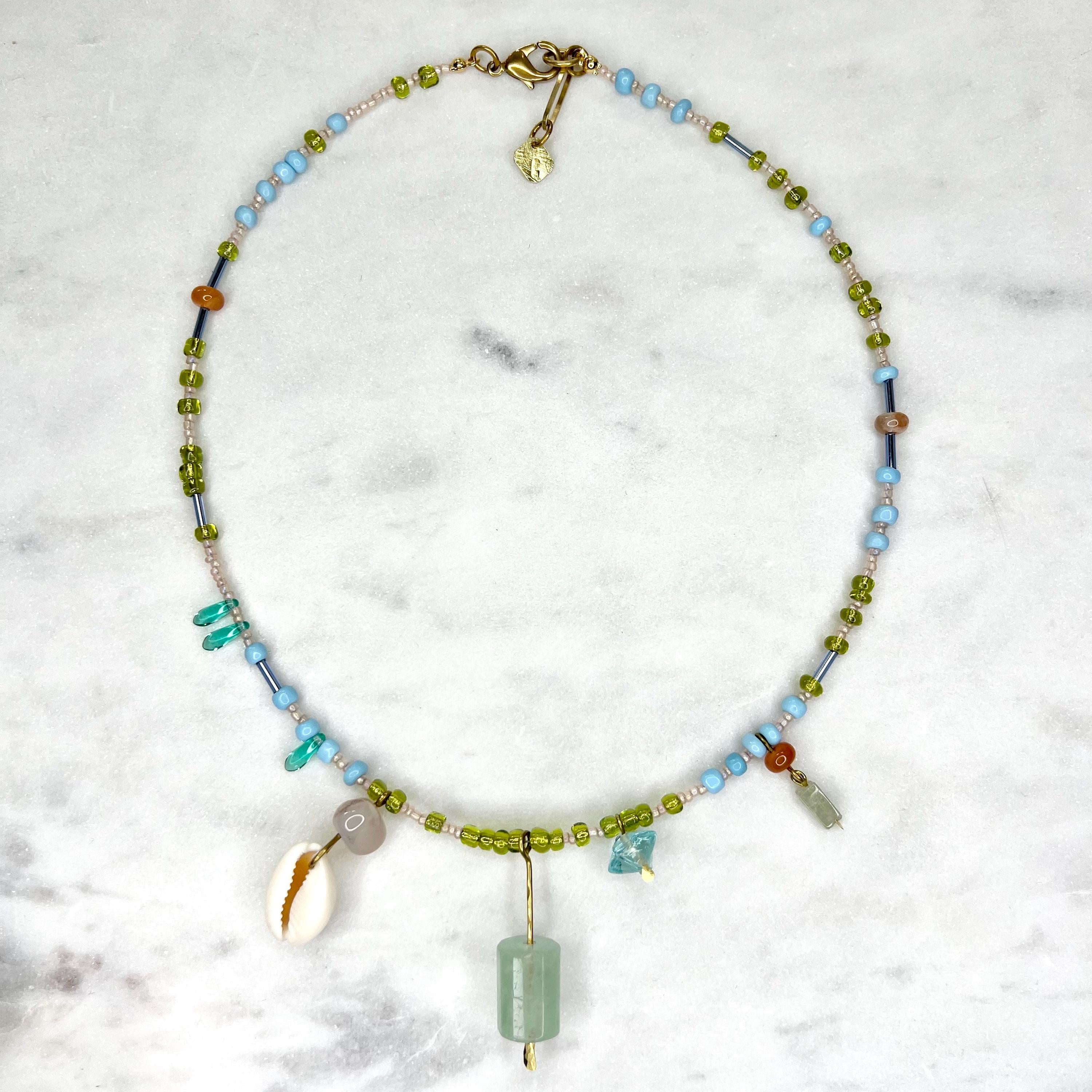 Charm Necklace with Fluorite Pendant, Blue and Green Beaded Boho Bib with Gemstones and Seed Beads