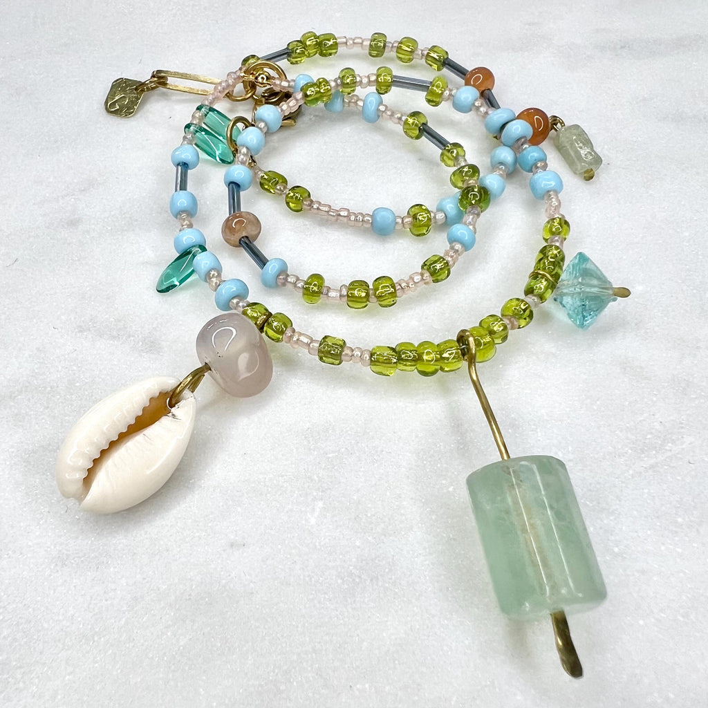 Charm Necklace with Fluorite Pendant, Blue and Green Beaded Boho Bib with Gemstones and Seed Beads
