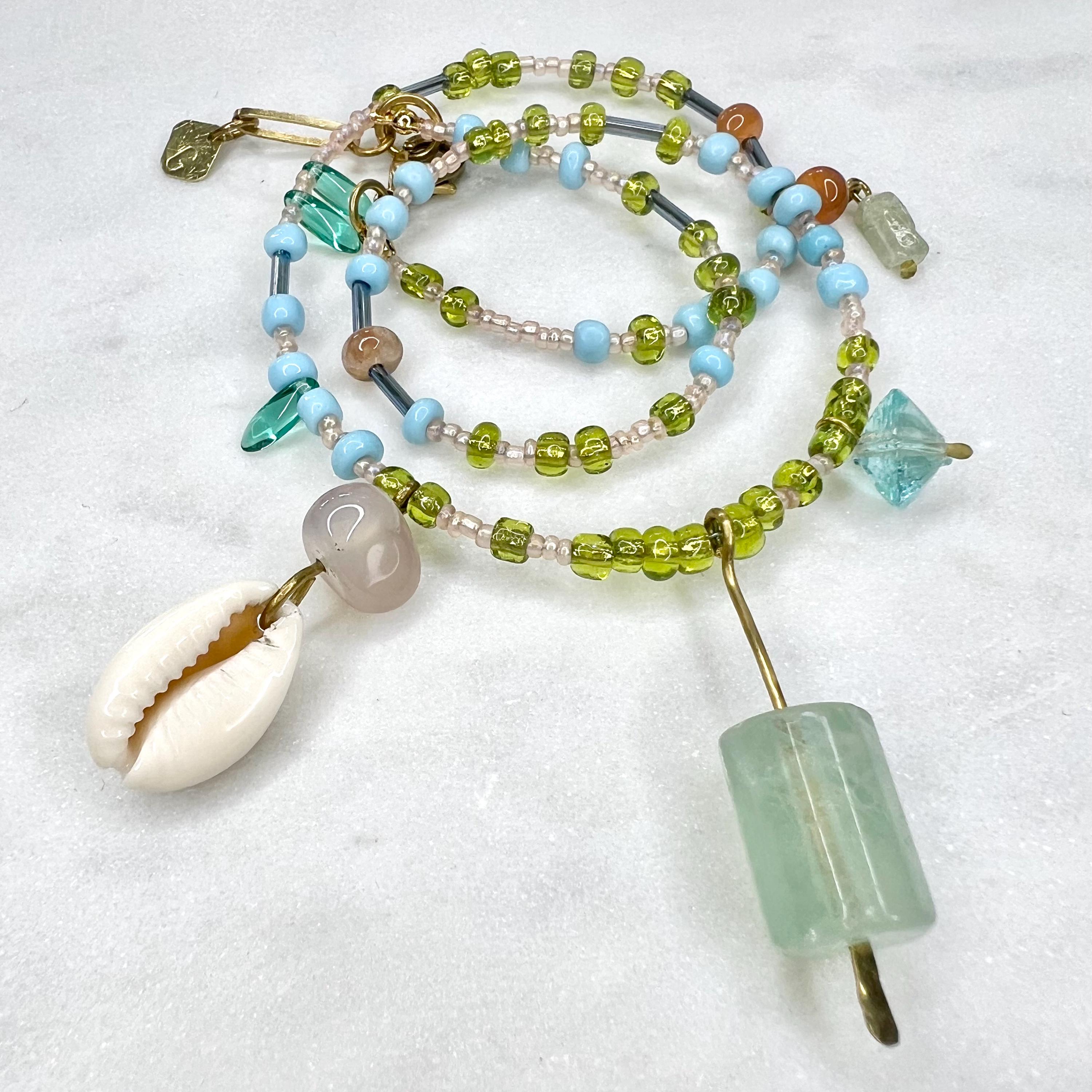 Charm Necklace with Fluorite Pendant, Blue and Green Beaded Boho Bib with Gemstones and Seed Beads