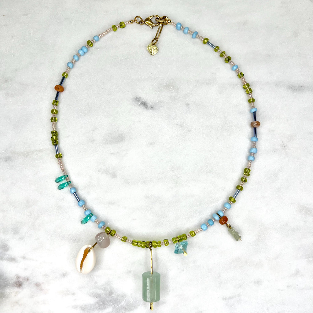 Charm Necklace with Fluorite Pendant, Blue and Green Beaded Boho Bib with Gemstones and Seed Beads