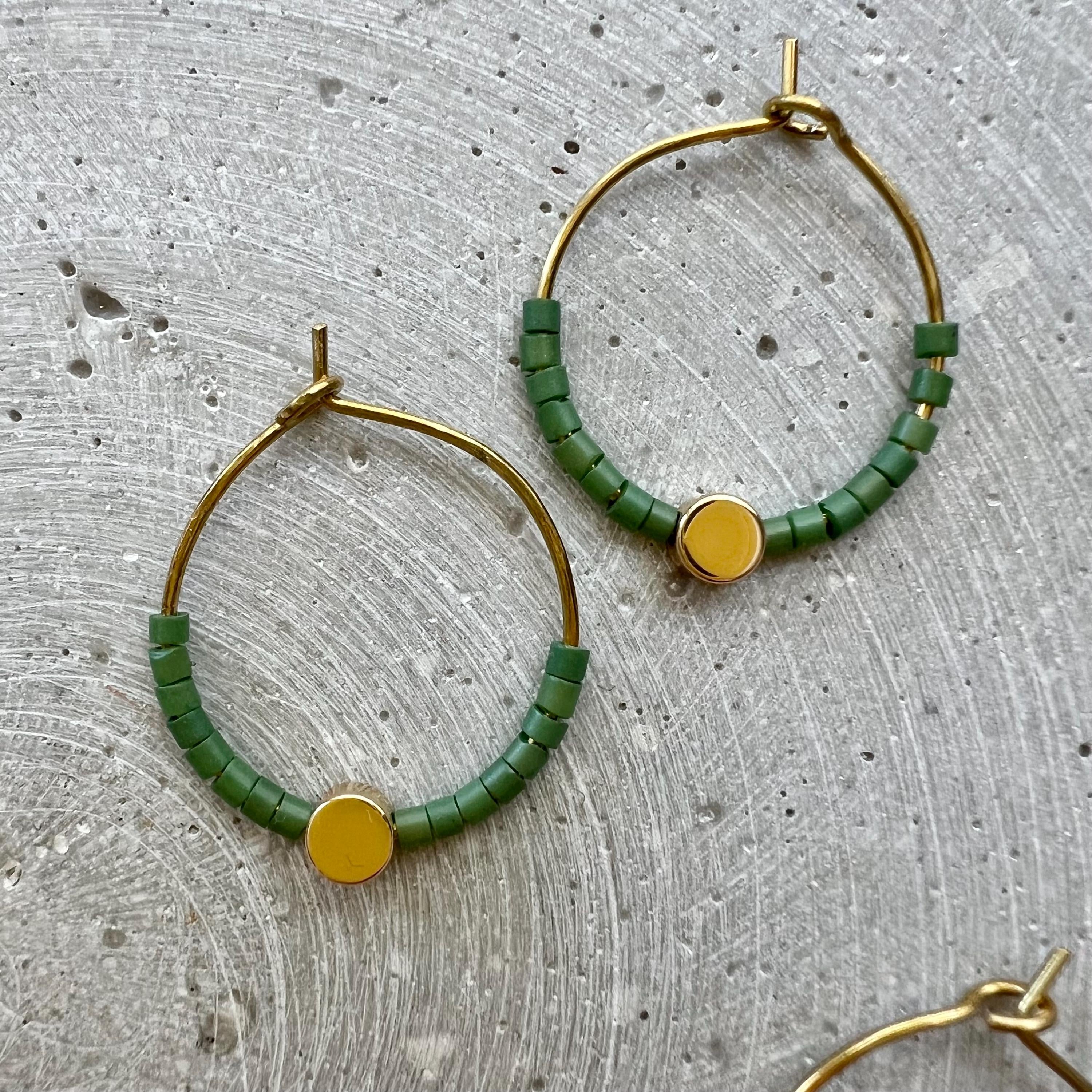 Minimalist Seed Bead Hoops, Dainty Creole Earrings with Gold Plated Dot Bead