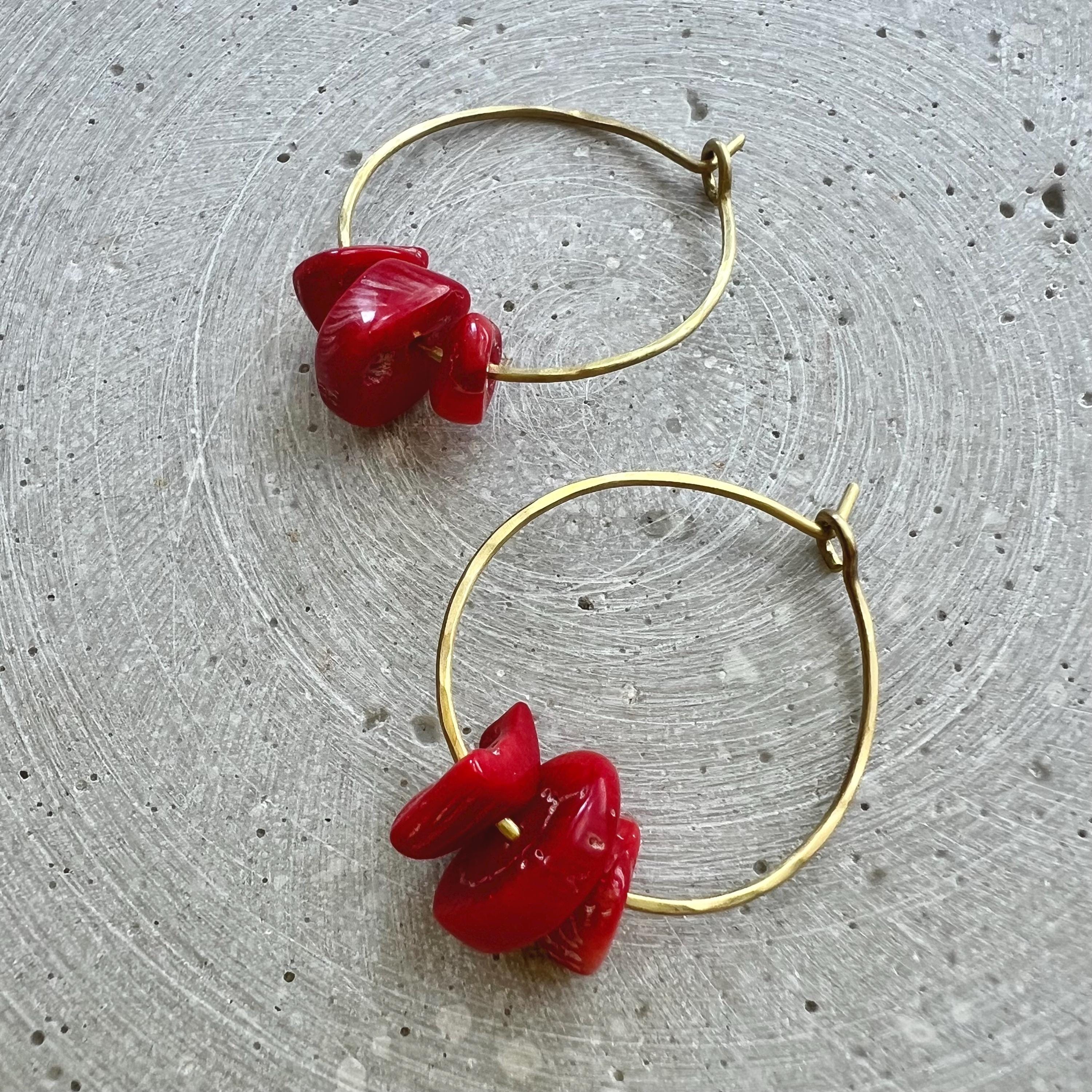 Vintage Coral Hoop Earrings, Dainty Creoles with Repurposed Beads, Handmade Brass Jewelry