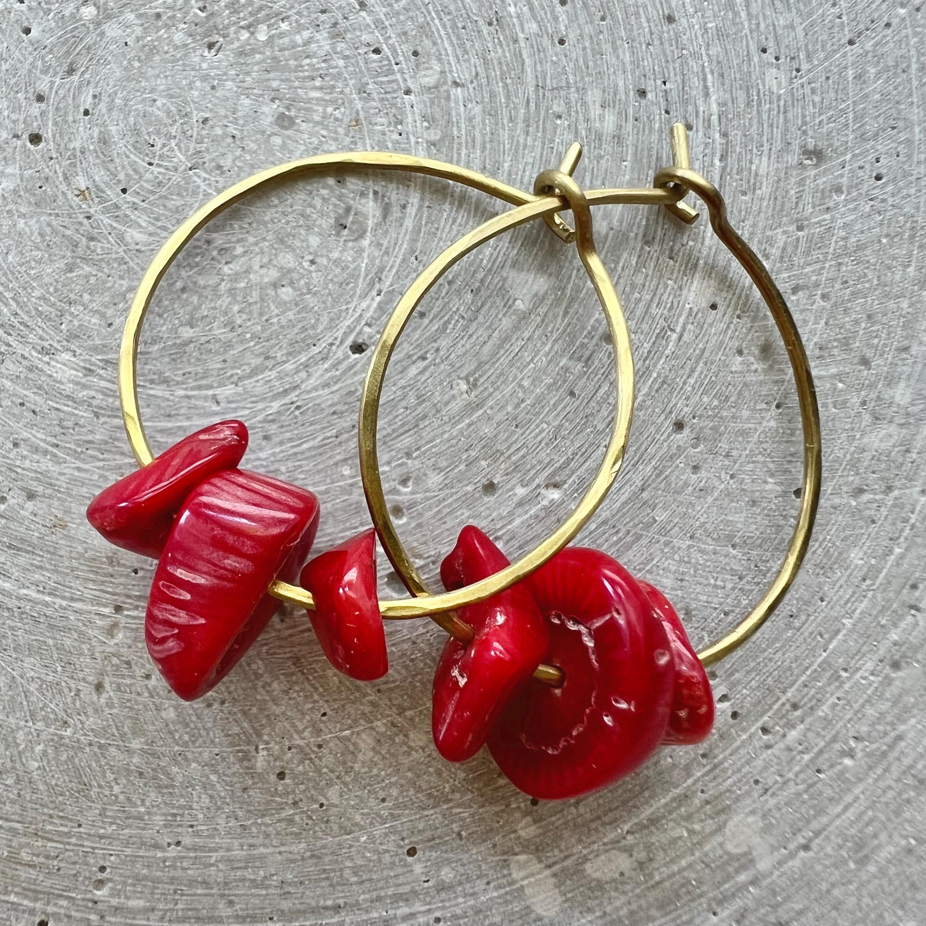 Vintage Coral Hoop Earrings, Dainty Creoles with Repurposed Beads, Handmade Brass Jewelry