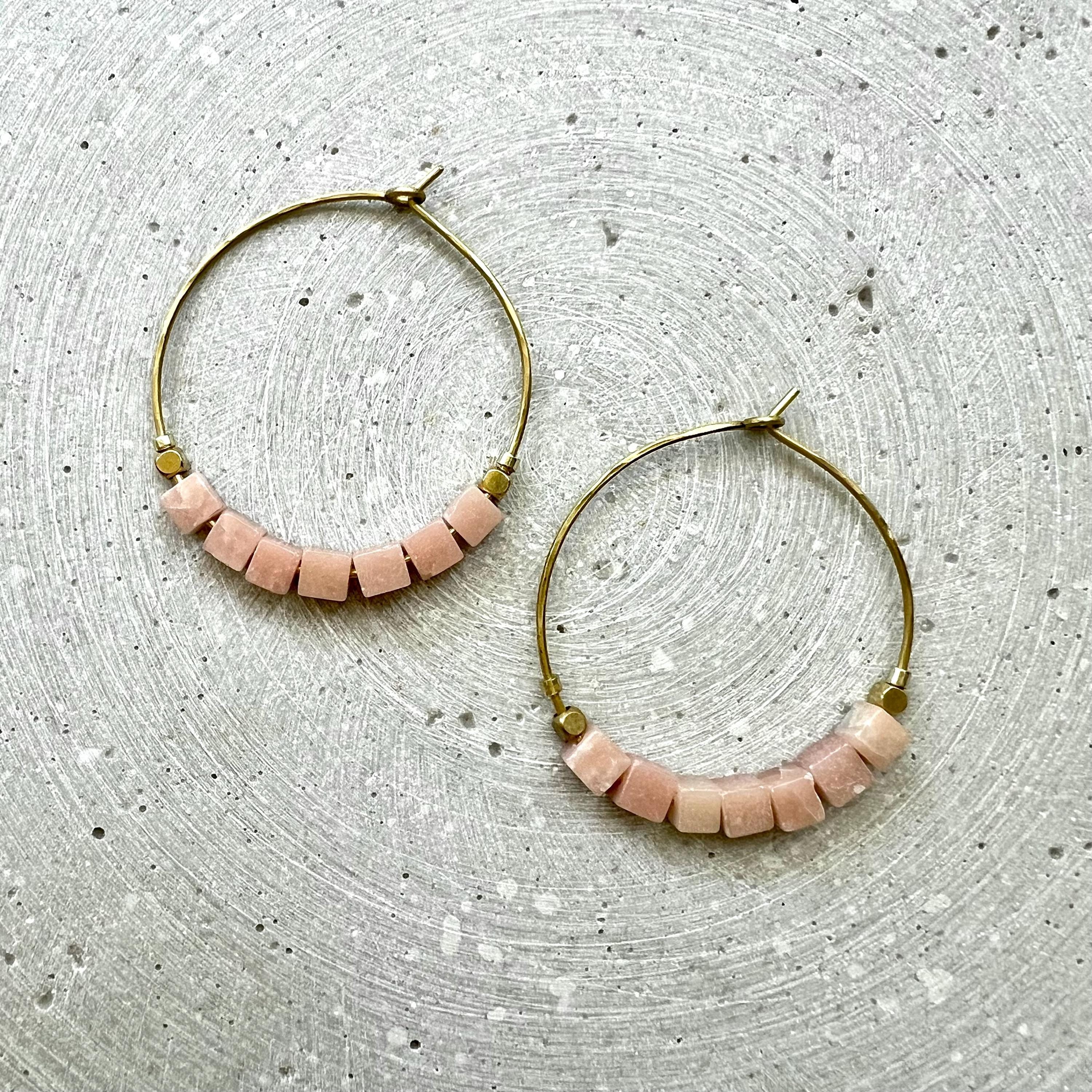 Green Aventurine Hoop Earrings, Brass Creole with Gemstone of Choice, Earrings with Cube Beads