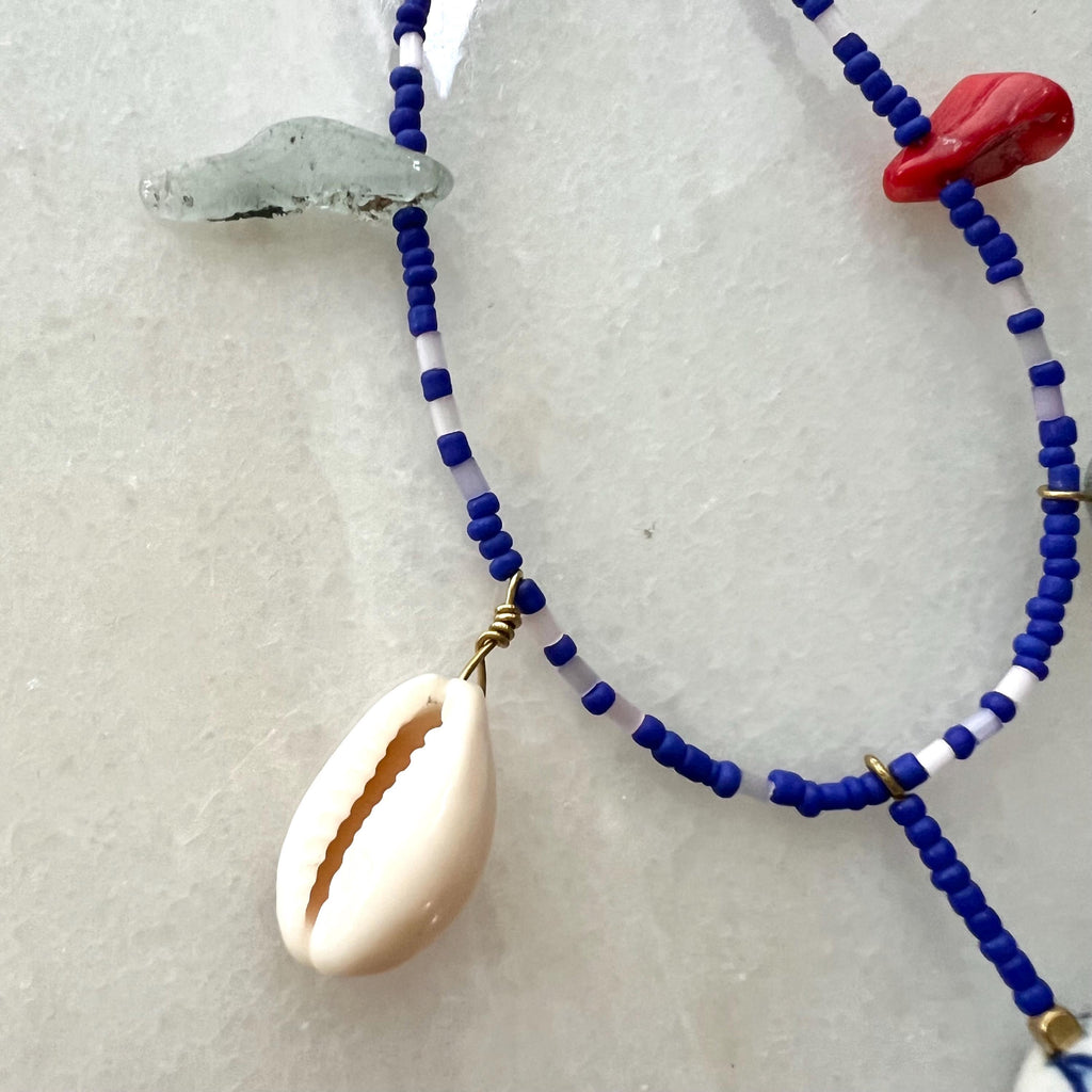 Royal Blue Charm Necklace, Seed Bead Bib with Gemstone Pendants and Large Ceramic Bead, Handmade Boho Jewelry