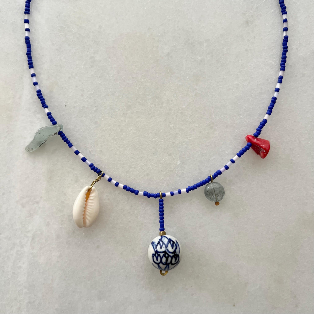 Royal Blue Charm Necklace, Seed Bead Bib with Gemstone Pendants and Large Ceramic Bead, Handmade Boho Jewelry