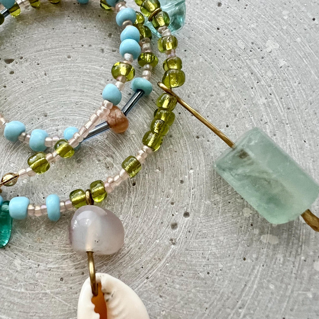 Charm Necklace with Fluorite Pendant, Blue and Green Beaded Boho Bib with Gemstones and Seed Beads
