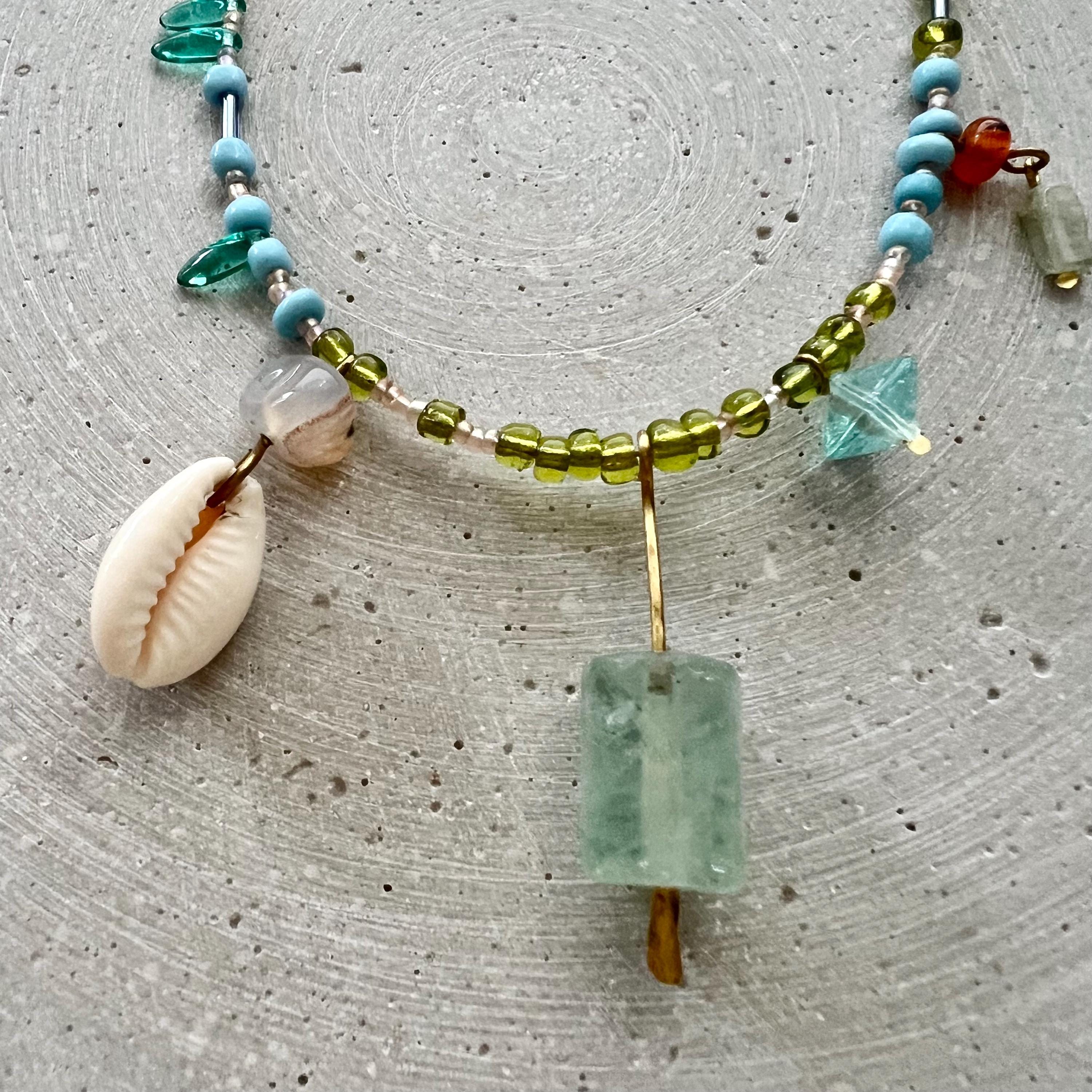 Charm Necklace with Fluorite Pendant, Blue and Green Beaded Boho Bib with Gemstones and Seed Beads
