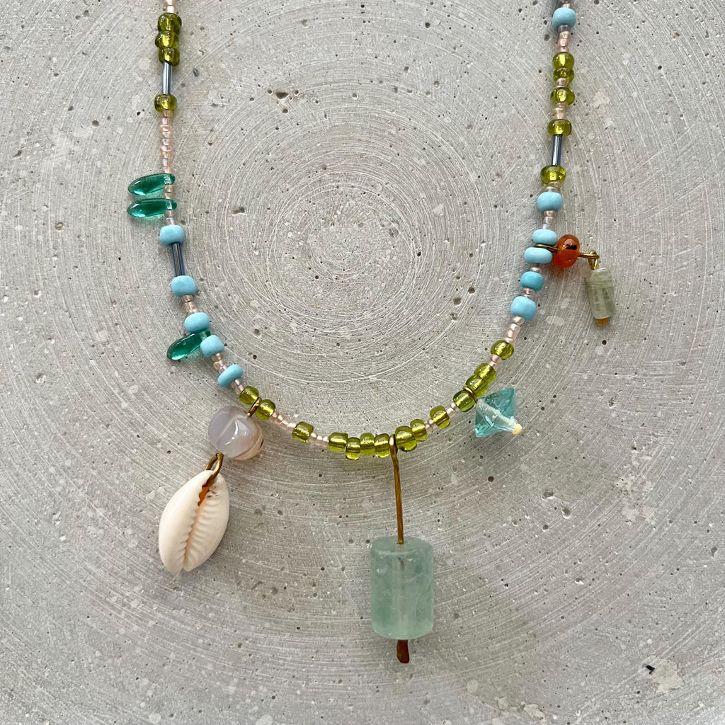 Charm Necklace with Fluorite Pendant, Blue and Green Beaded Boho Bib with Gemstones and Seed Beads