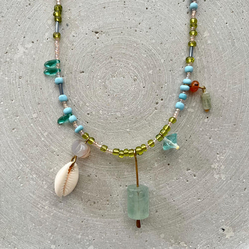 Charm Necklace with Fluorite Pendant, Blue and Green Beaded Boho Bib with Gemstones and Seed Beads