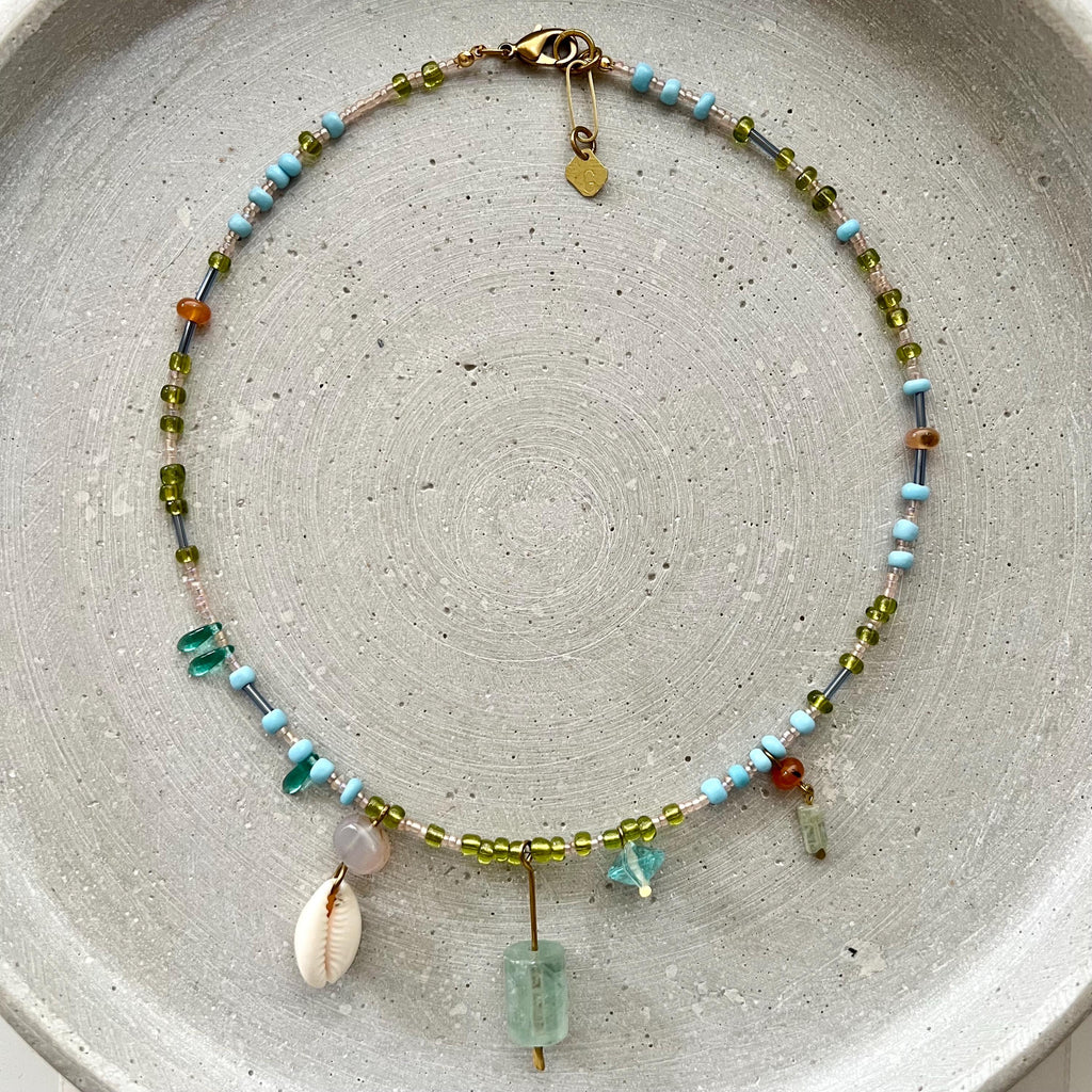 Charm Necklace with Fluorite Pendant, Blue and Green Beaded Boho Bib with Gemstones and Seed Beads