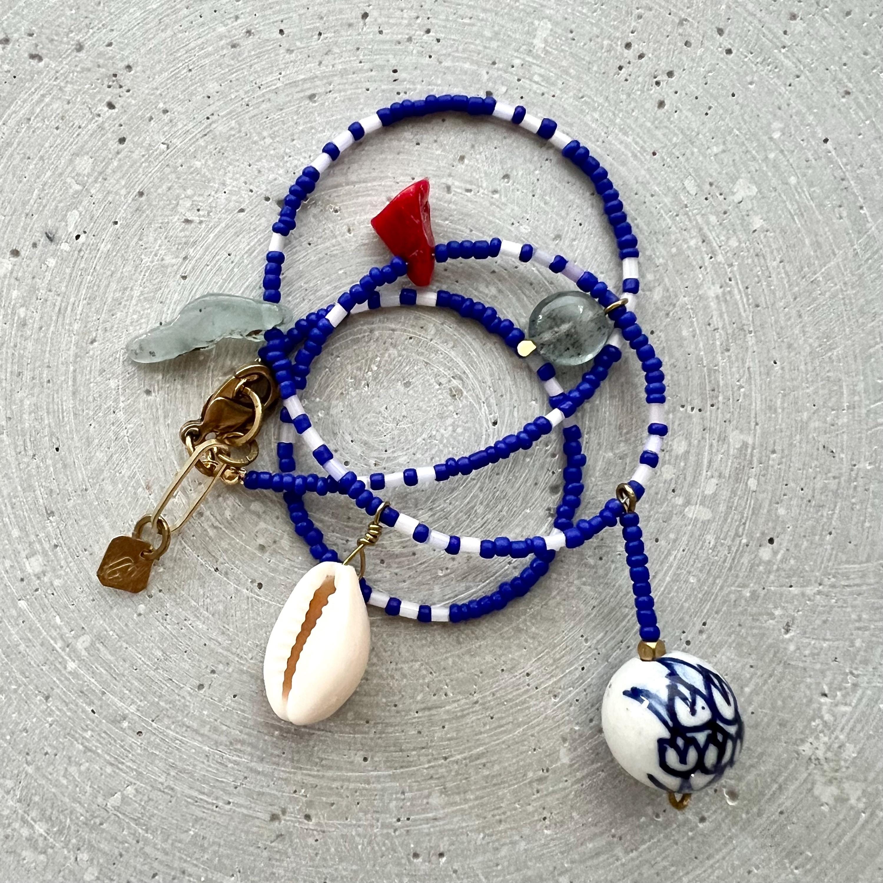 Royal Blue Charm Necklace, Seed Bead Bib with Gemstone Pendants and Large Ceramic Bead, Handmade Boho Jewelry