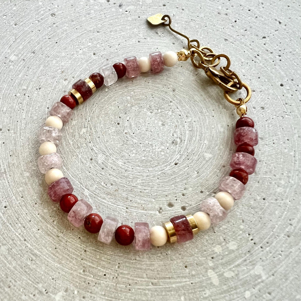 Strawberry Quartz Bracelet with Jasper Beads, Pink Red Gemstone Bracelet