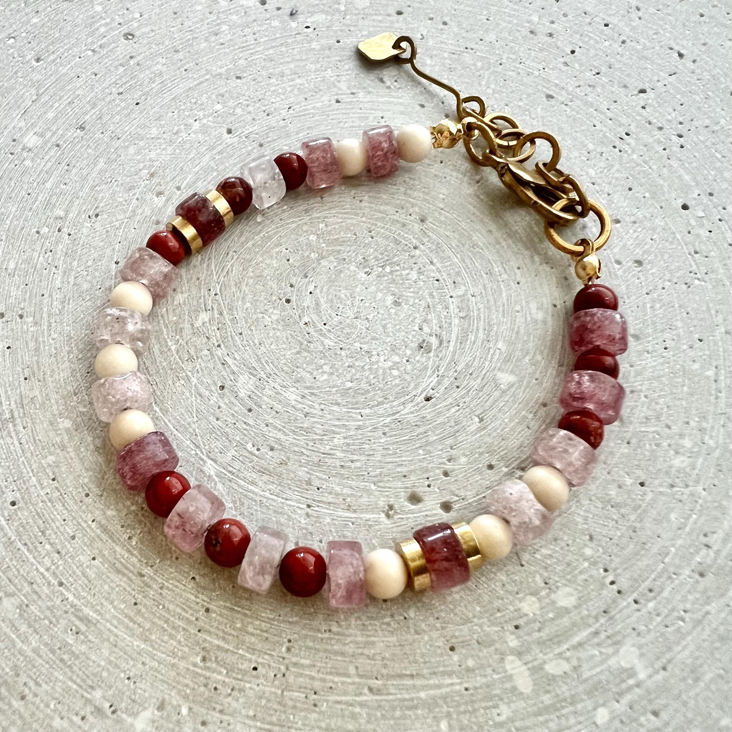 Strawberry Quartz Bracelet with Jasper Beads, Pink Red Gemstone Bracelet