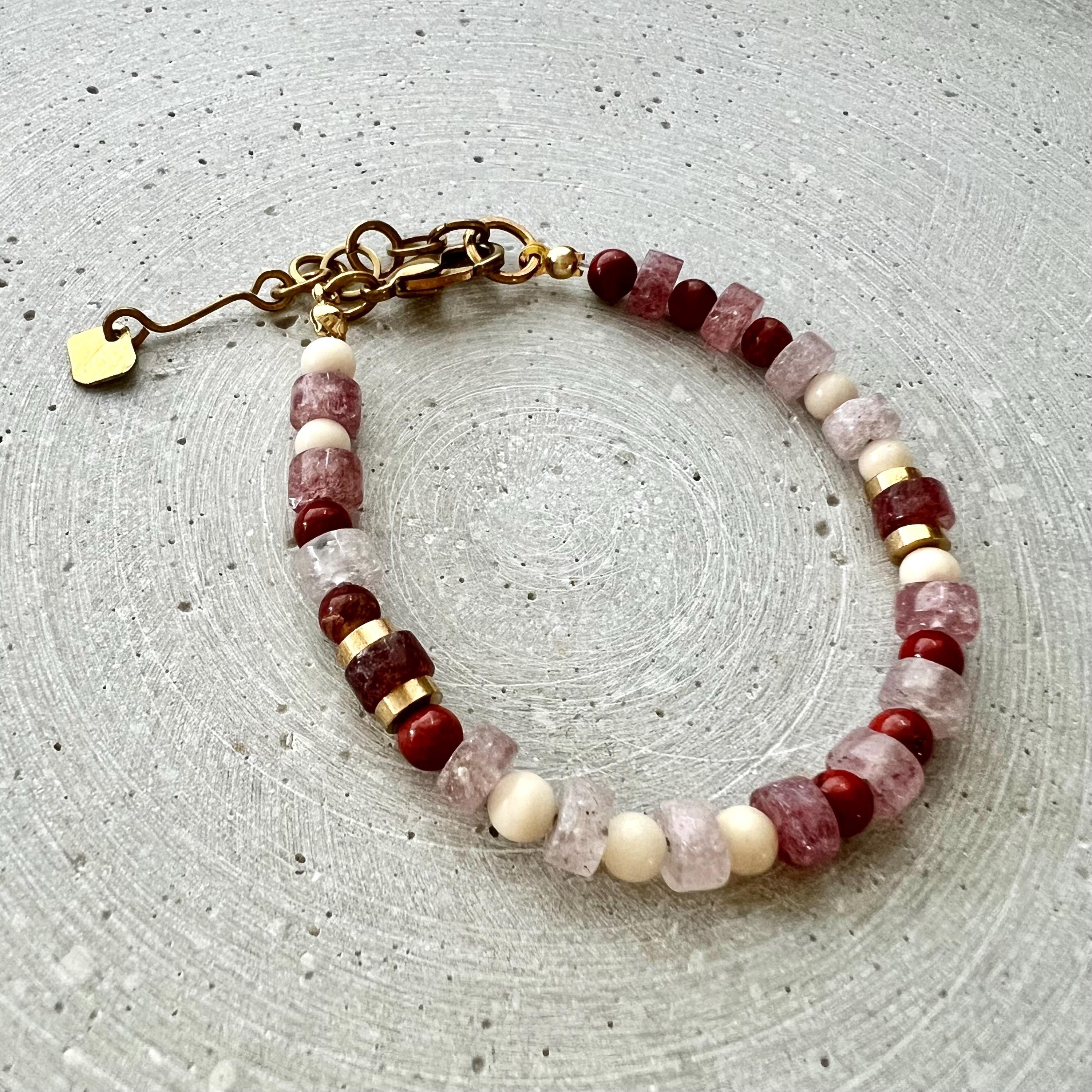 Strawberry Quartz Bracelet with Jasper Beads, Pink Red Gemstone Bracelet