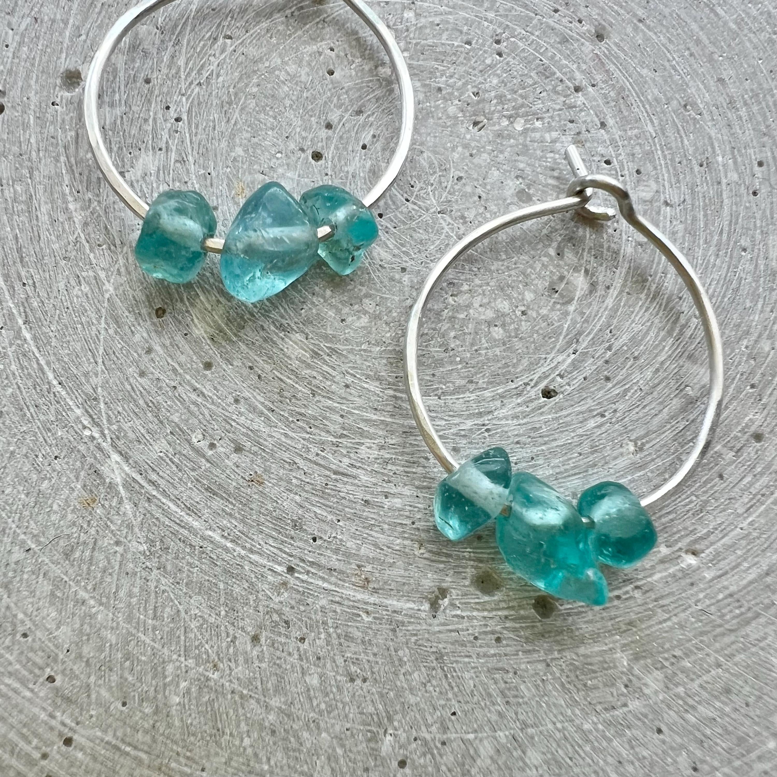 Apatite Hoop Earrings, Dainty Gemstone Creole with Turquoise Blue Nuggets