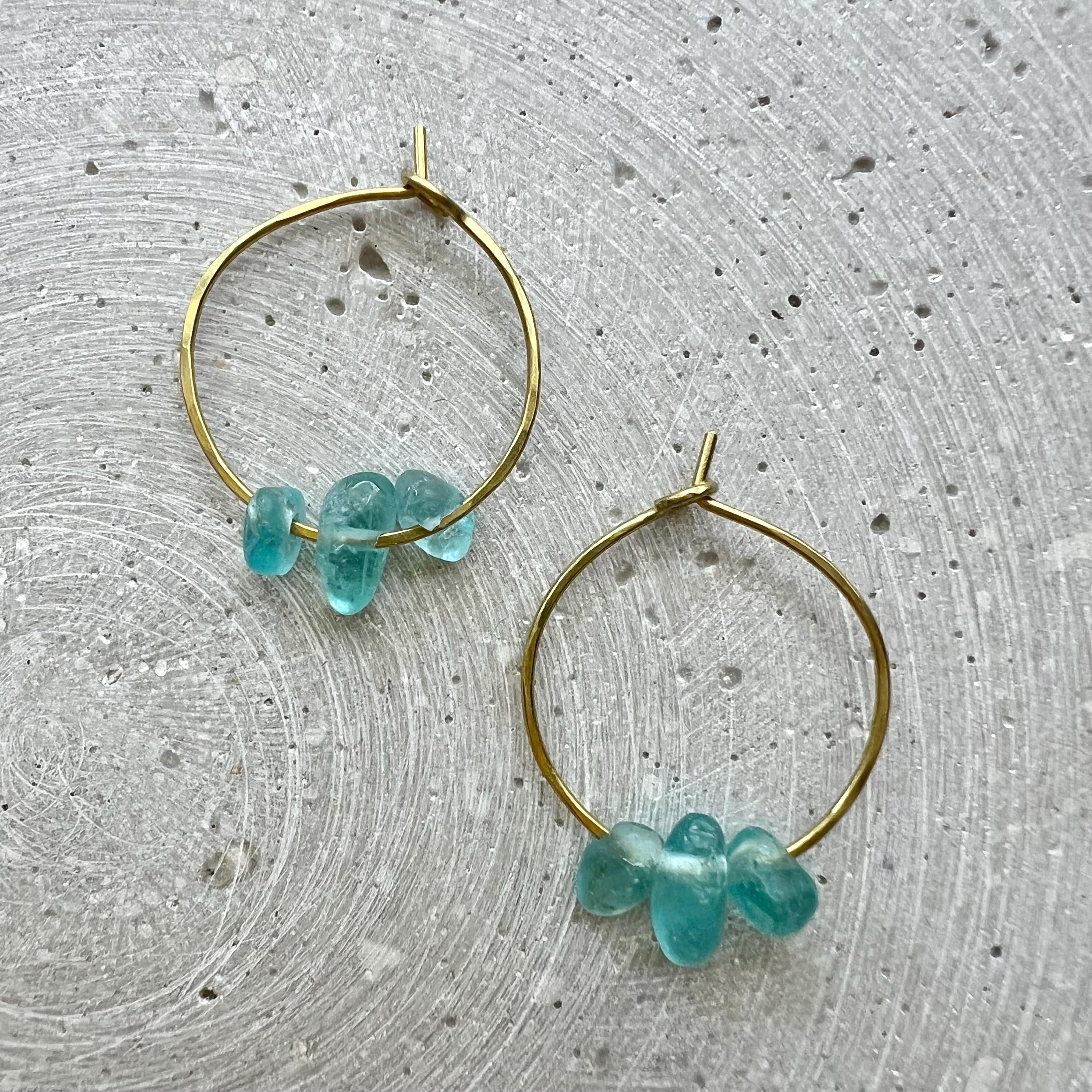 Apatite Hoop Earrings, Dainty Gemstone Creole with Turquoise Blue Nuggets