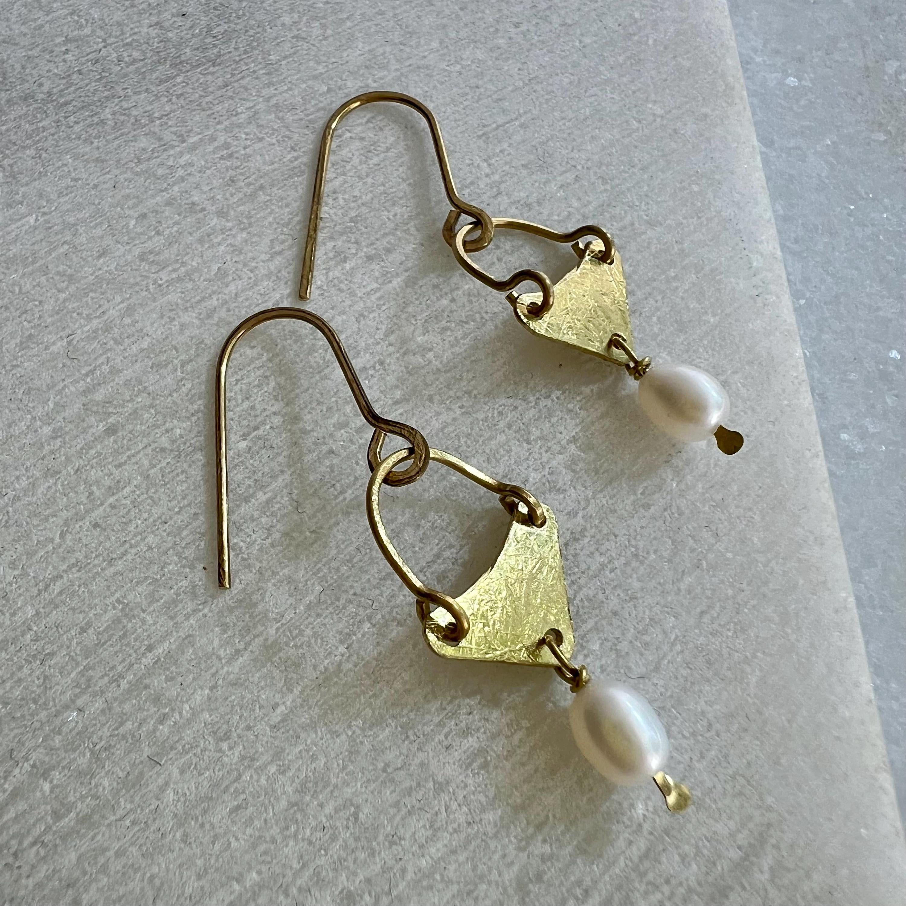Freshwater Pearl Earrings, Minimalist Brass Chandelier, Handmade Bridesmaid Pearl Jewelry