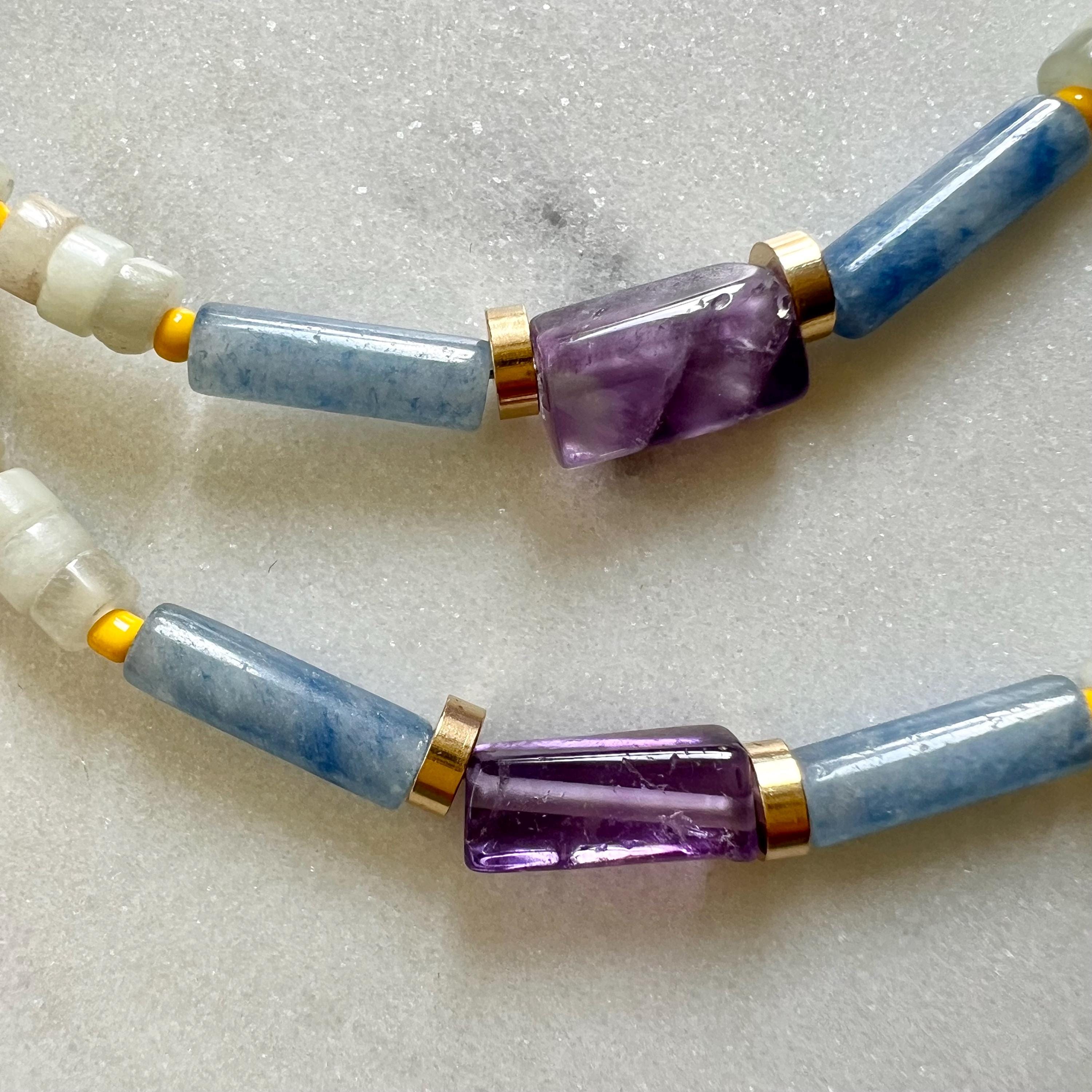 Amethyst and Jade Necklace, Colorful Surfer Necklace with Gemstones and Seed Beads