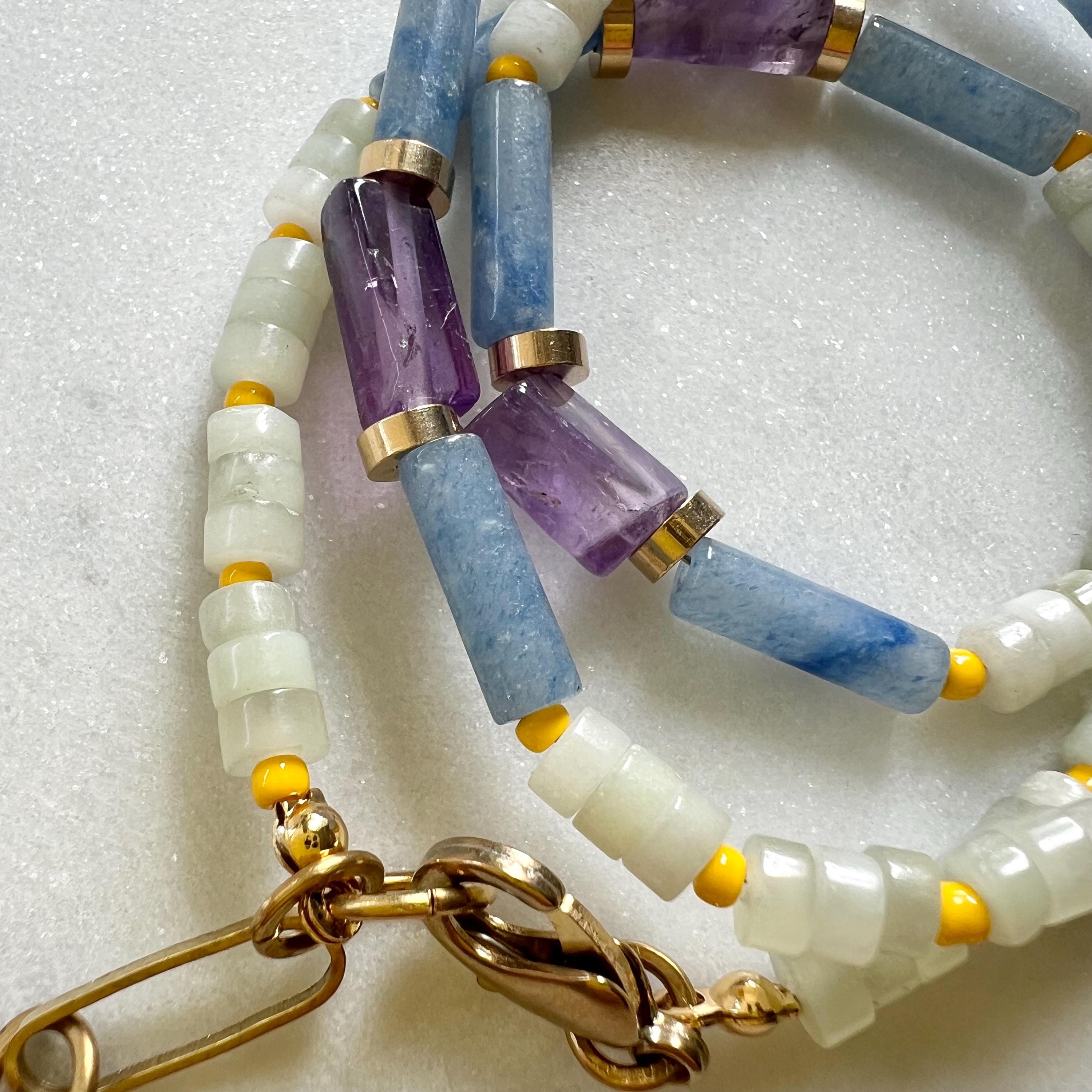 Amethyst and Jade Necklace, Colorful Surfer Necklace with Gemstones and Seed Beads