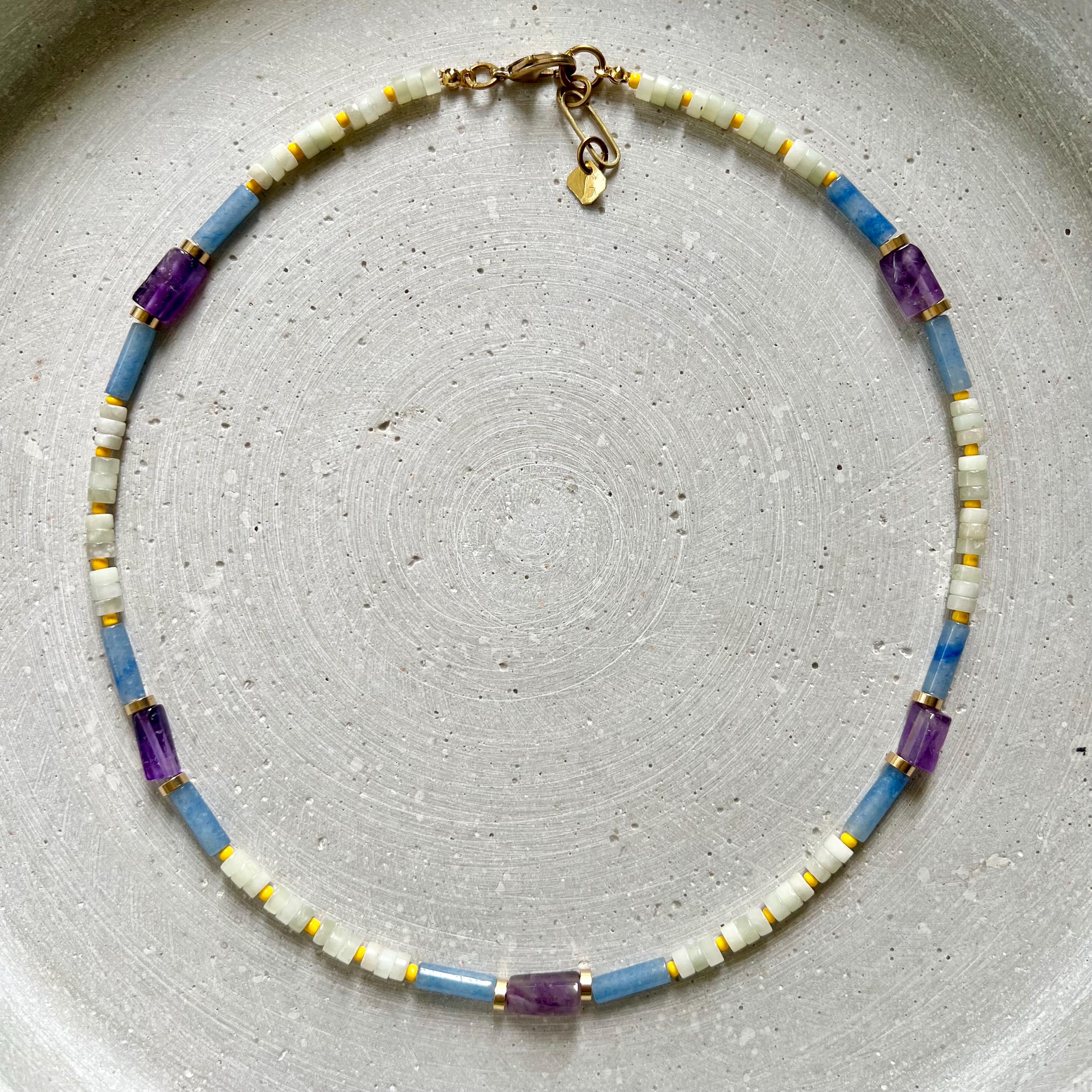 Amethyst and Jade Necklace, Colorful Surfer Necklace with Gemstones and Seed Beads