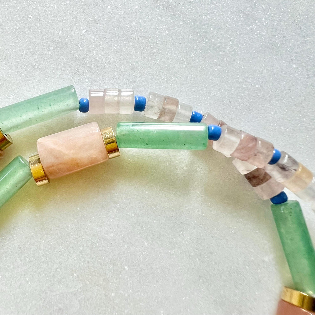 Surfer Necklace with Sunstone and Quartz, Colorful Mixed Gemstone and Seed Bead Necklace