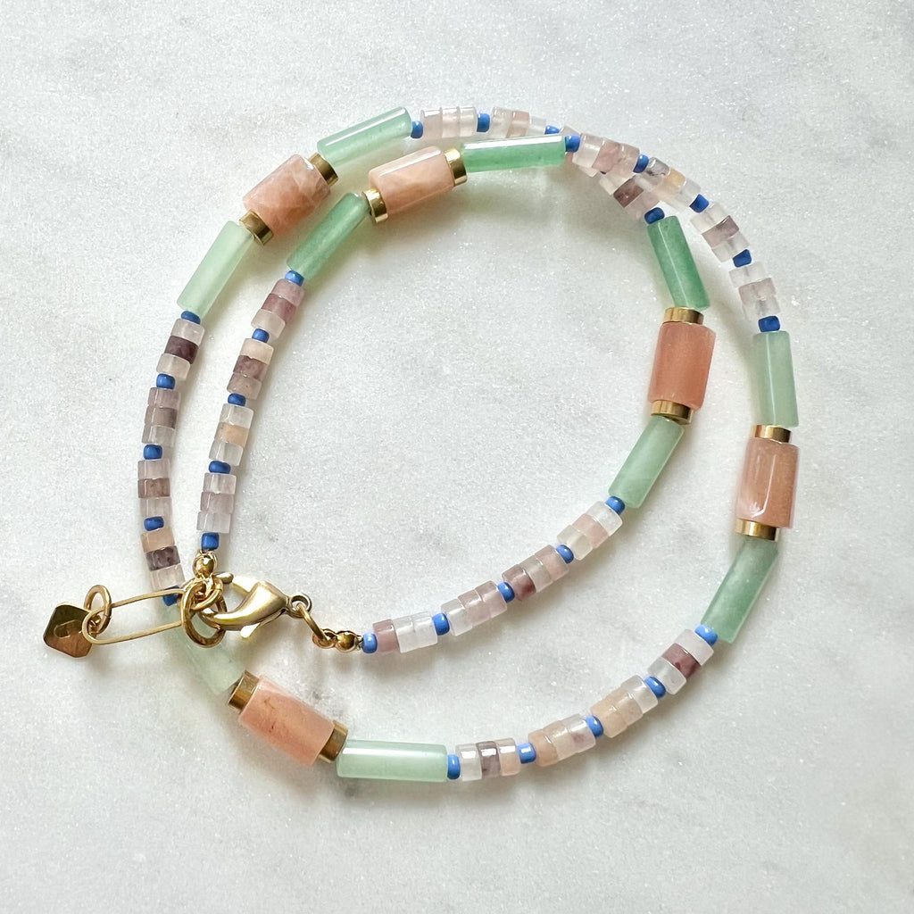 Surfer Necklace with Sunstone and Quartz, Colorful Mixed Gemstone and Seed Bead Necklace