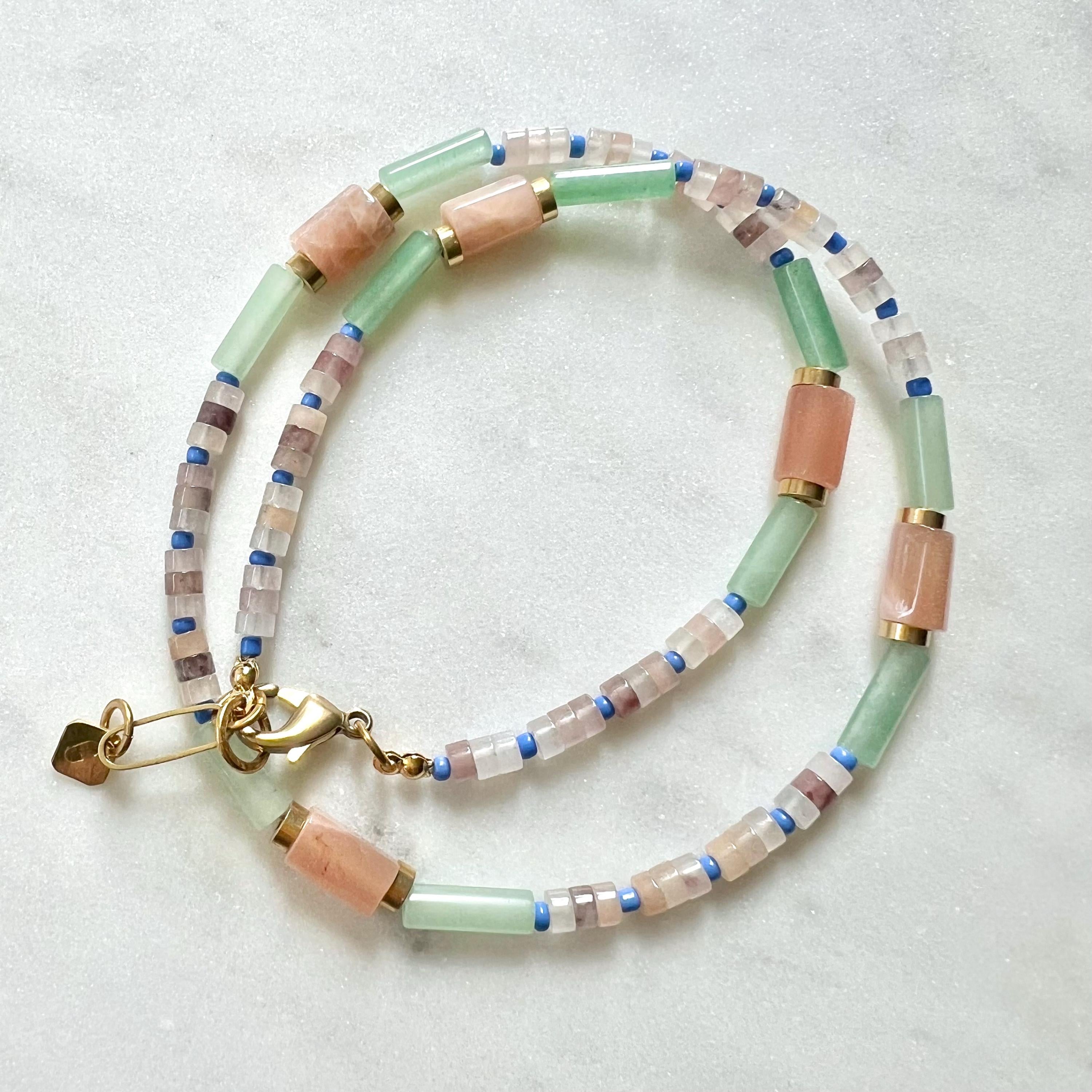 Surfer Necklace with Sunstone and Quartz, Colorful Mixed Gemstone and Seed Bead Necklace