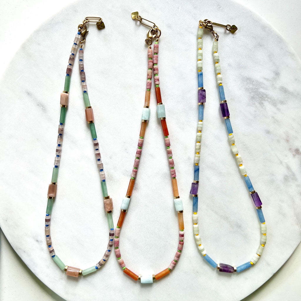 Surfer Necklace with Sunstone and Quartz, Colorful Mixed Gemstone and Seed Bead Necklace