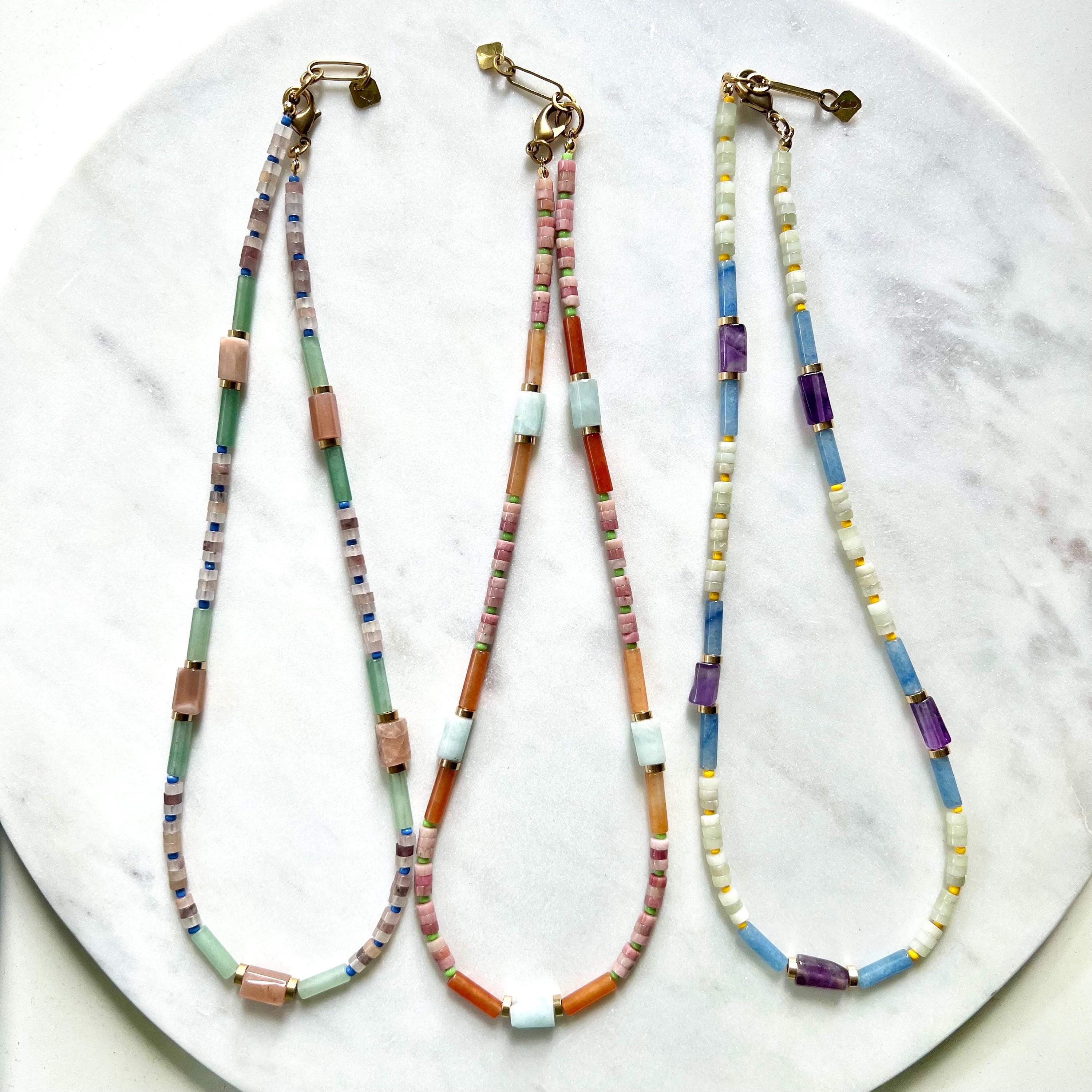 Surfer Necklace with Sunstone and Quartz, Colorful Mixed Gemstone and Seed Bead Necklace