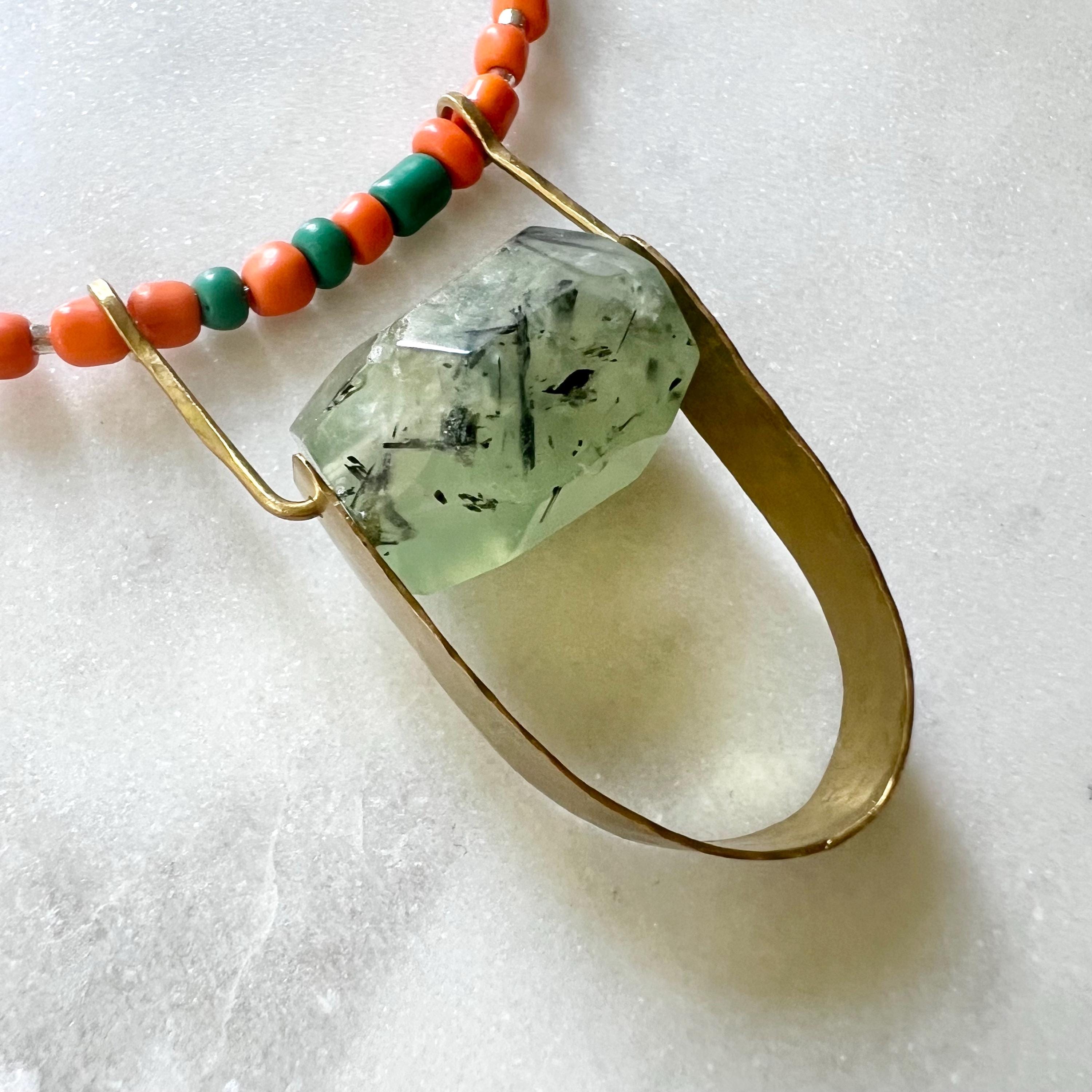 Long Colorful Gemstone and Seed Bead Necklace, Prehnite Pendant on Long Beaded Chain