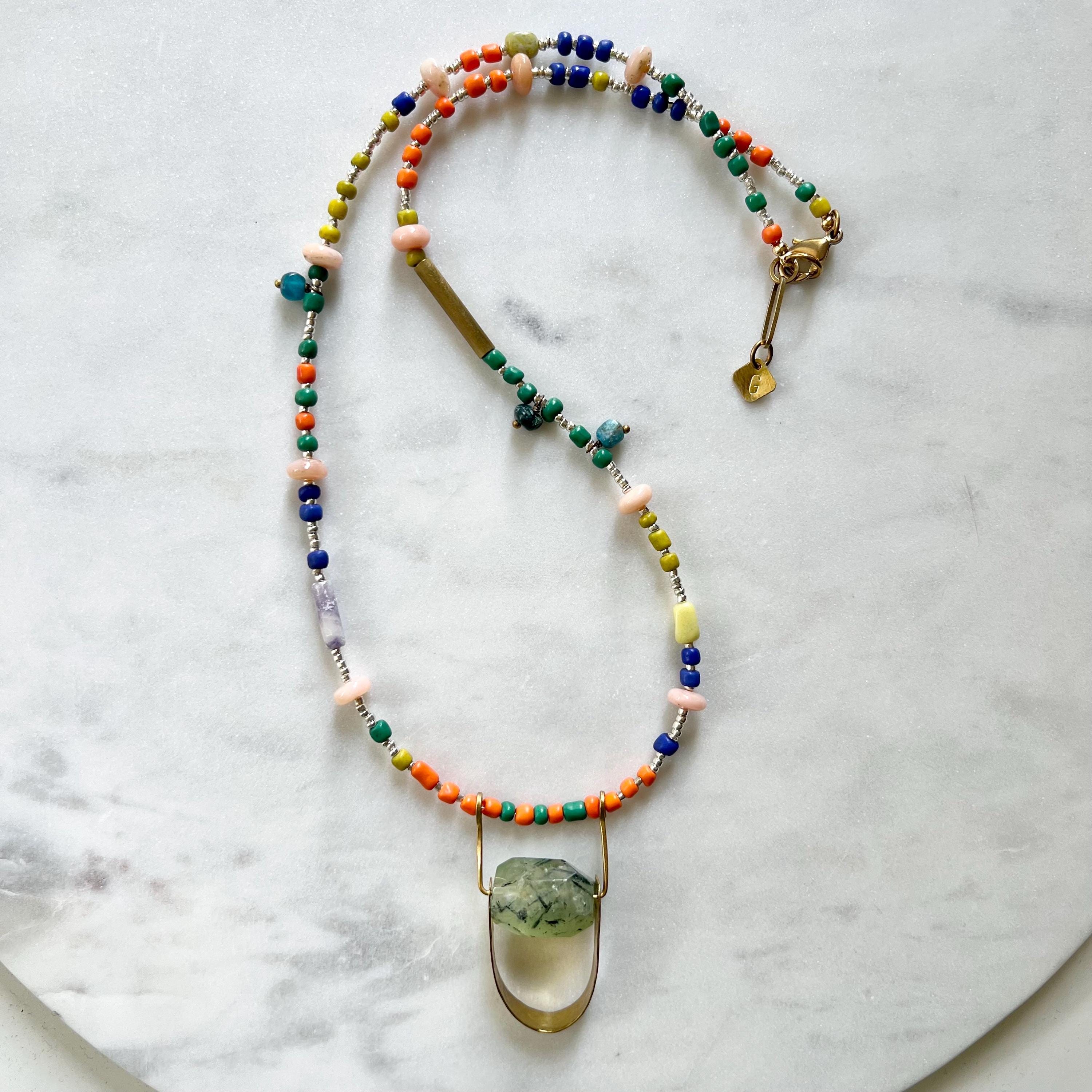 Long Colorful Gemstone and Seed Bead Necklace, Prehnite Pendant on Long Beaded Chain
