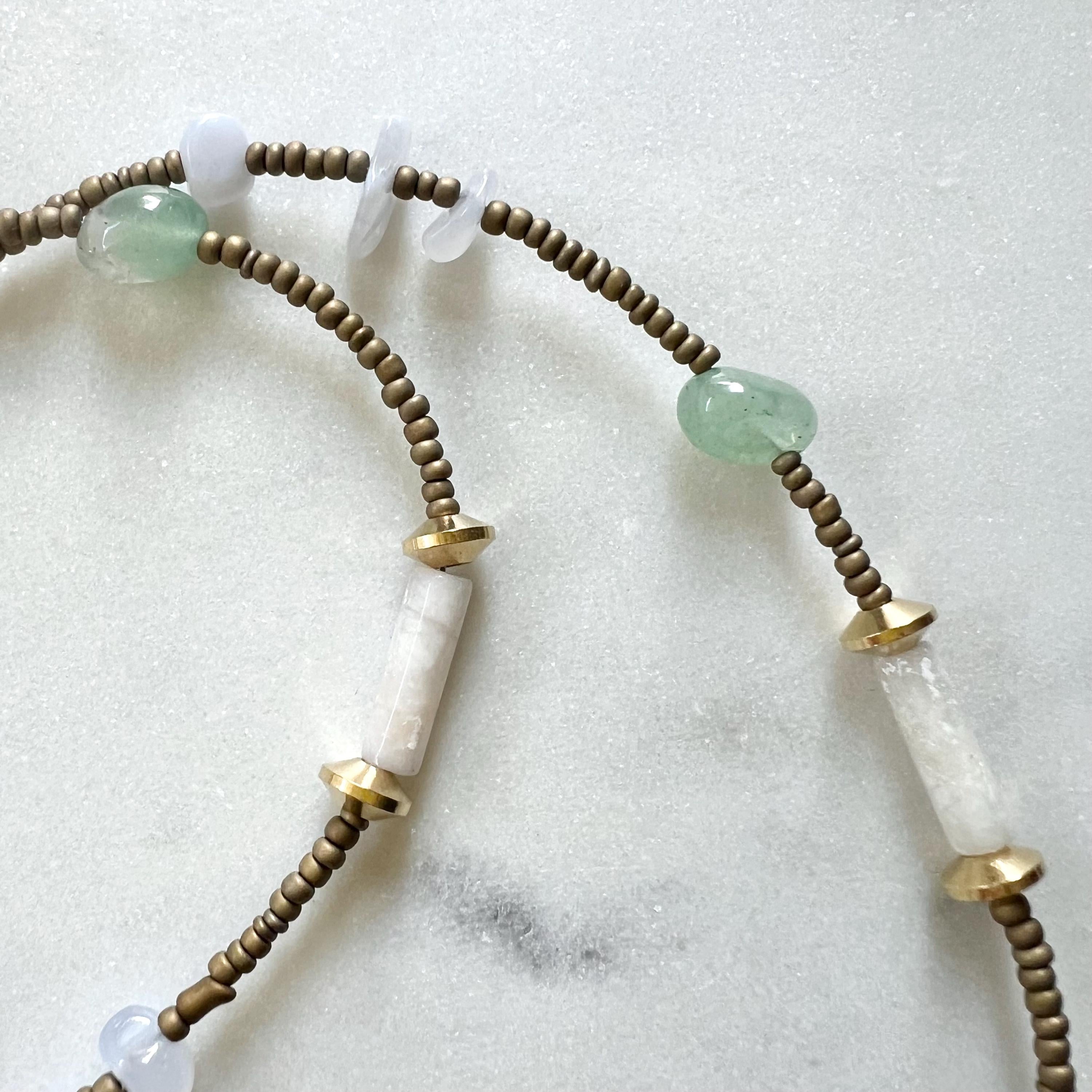Long Mixed Quartz and Seed Bead Necklace with Aventurine and Agate Nuggets, Handmade Boho Statement Necklace