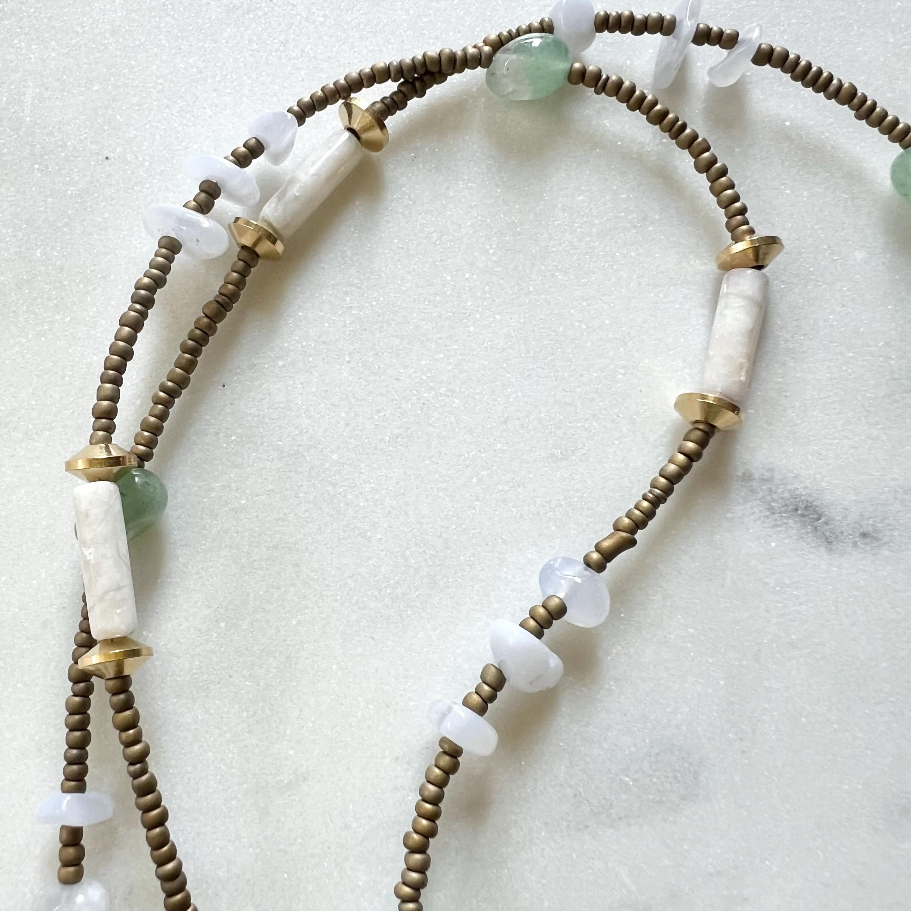 Long Mixed Quartz and Seed Bead Necklace with Aventurine and Agate Nuggets, Handmade Boho Statement Necklace