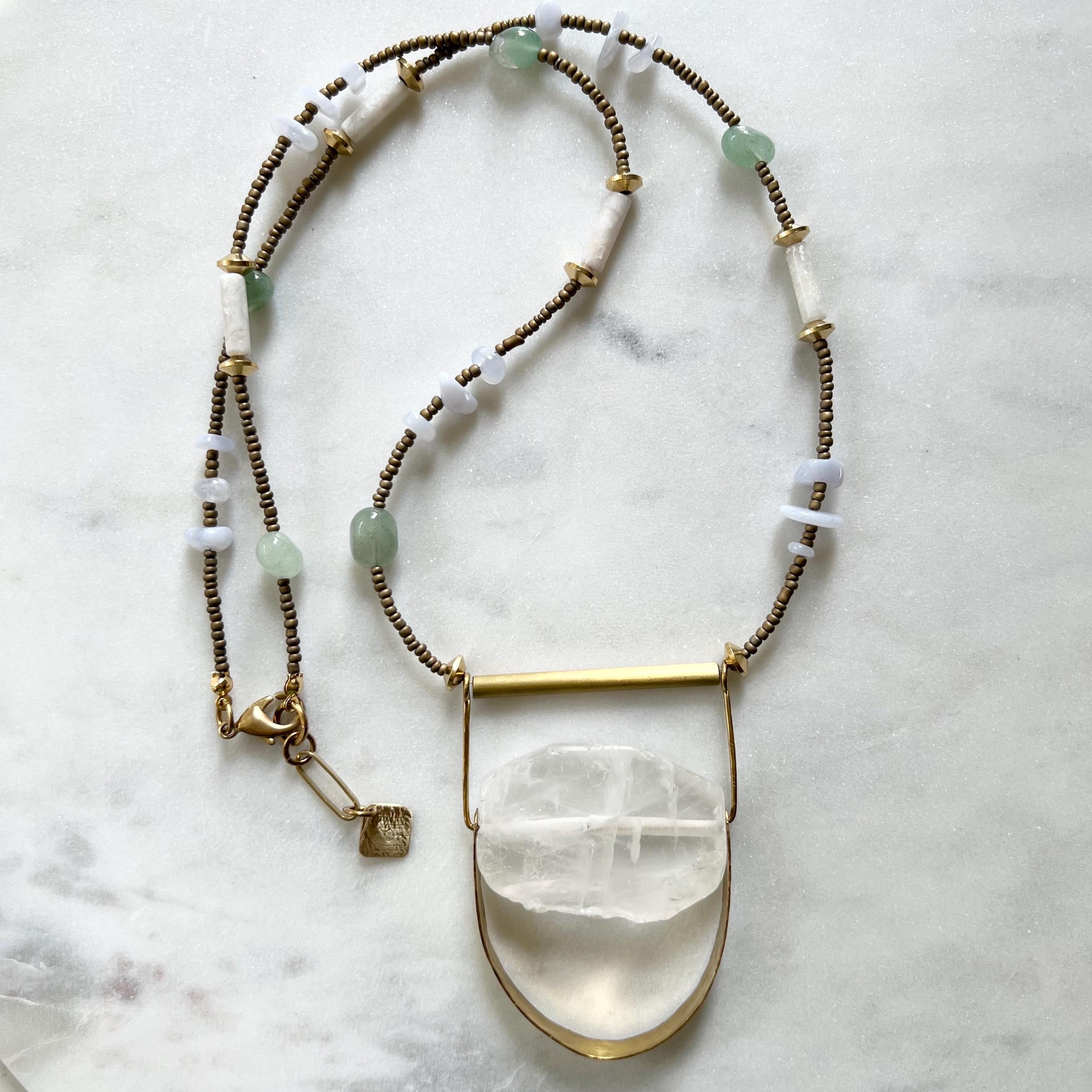 Long Mixed Quartz and Seed Bead Necklace with Aventurine and Agate Nuggets, Handmade Boho Statement Necklace